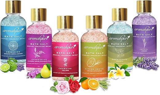 Aromahpure 100% Natural Bath Salt Infused with Essentail Oils,Vitamin C & E|Obsession,Expressive,Citrus Grove,Charming Rose, Earth Scents & Joyful Lavender Combo for Relaxing &…