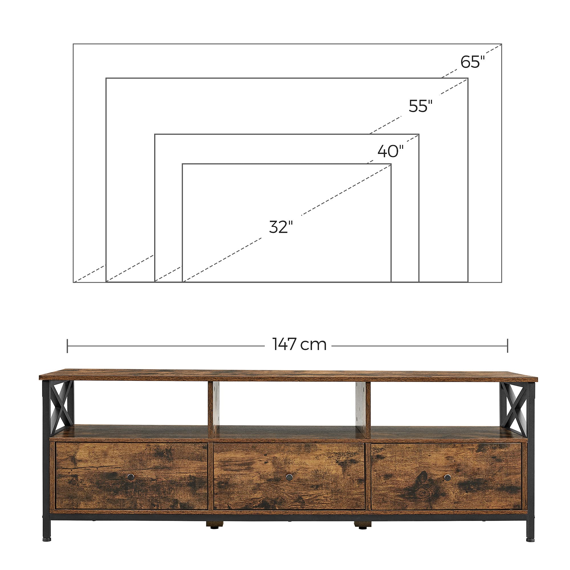 VASAGLE Mobile TV, Tavolino Porta TV fino a 65 Pollici, con 3 Cassetti, 3 Scomparti Aperti, 147 x 40 x 50 cm, Soggiorno, Camera da Letto, Struttura in Acciaio, Marrone Vintage e Nero LTV301B01