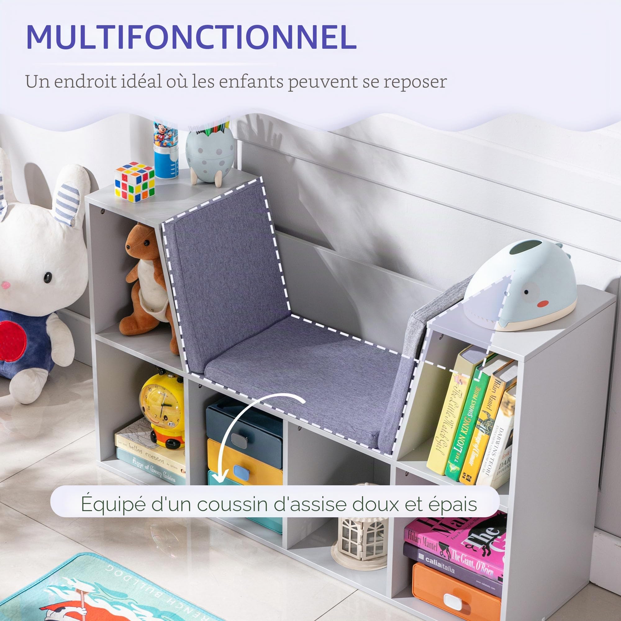 HOMCOM Bibliothèque Enfant avec Banc 6 étagères 103x30x62cm Gris