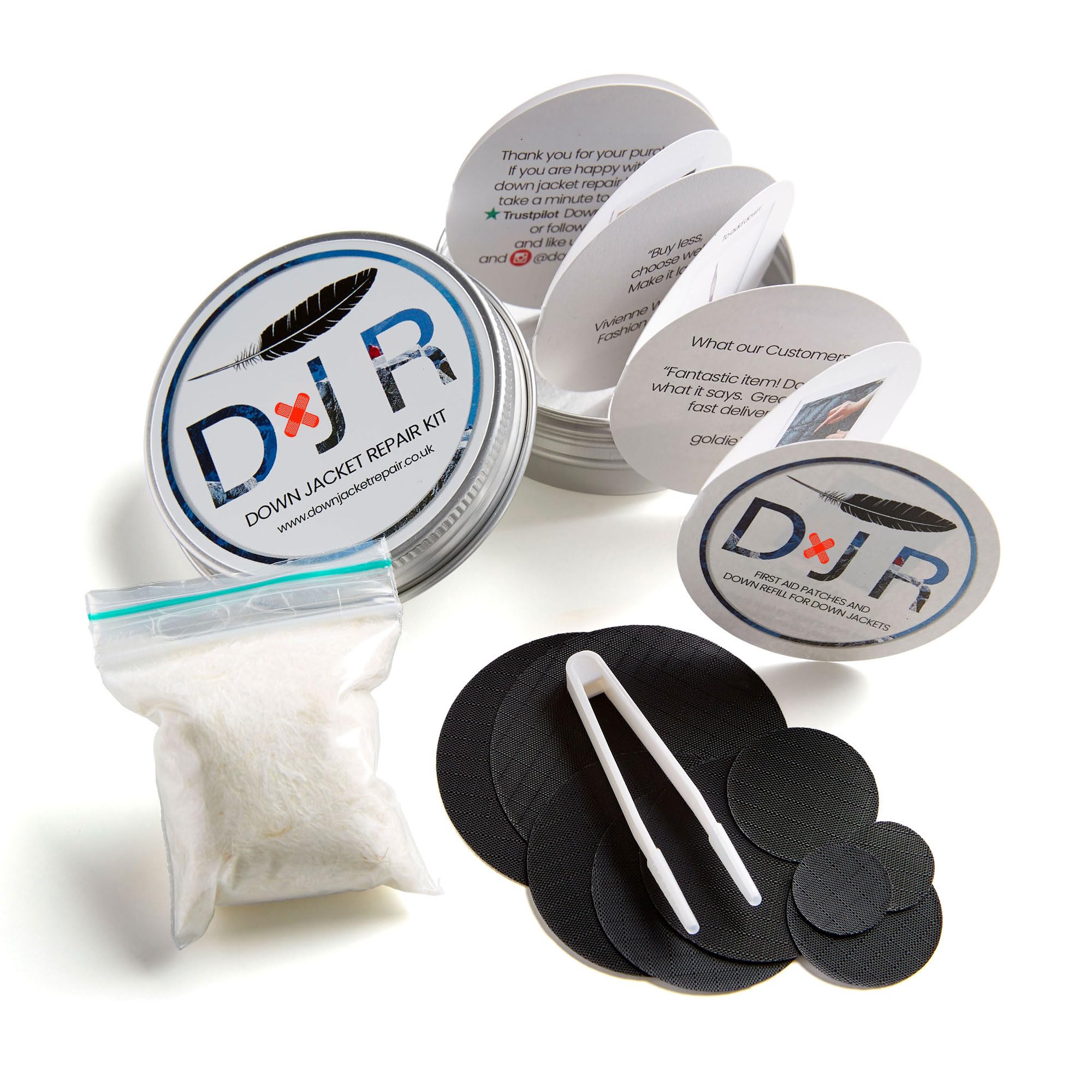 DJR COMPLETE DOWN JACKET REPAIR KIT - 10 Easy to Use, Pre-Cut, Self-Adhesive, Waterproof, Tear-Resistant Patches + 1g Pure Goose Down to Fix Holes in Down Jackets, Outdoor Gear (Black)