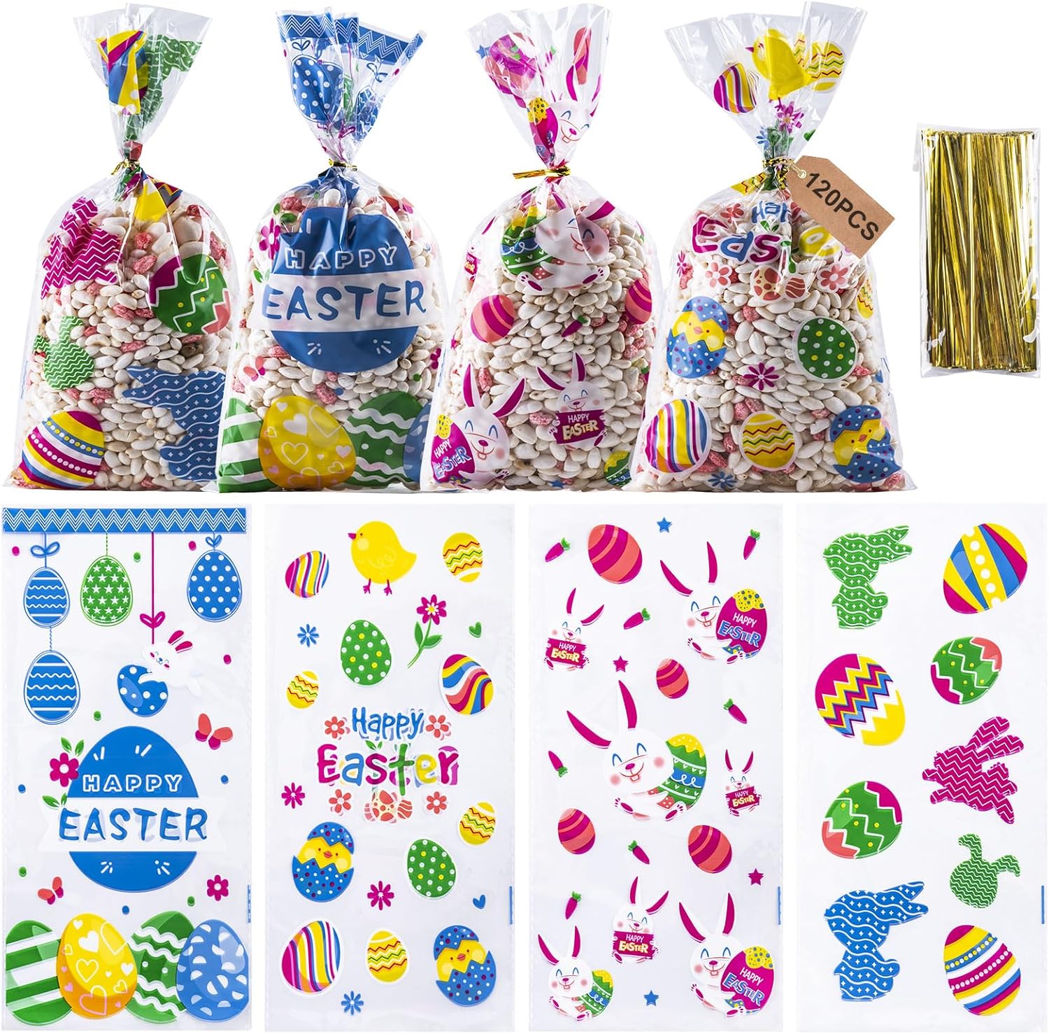 Goture 120 Pcs Easter Cellophane Treat Bags Bunny Easter Egg Cookie Bags with Twist