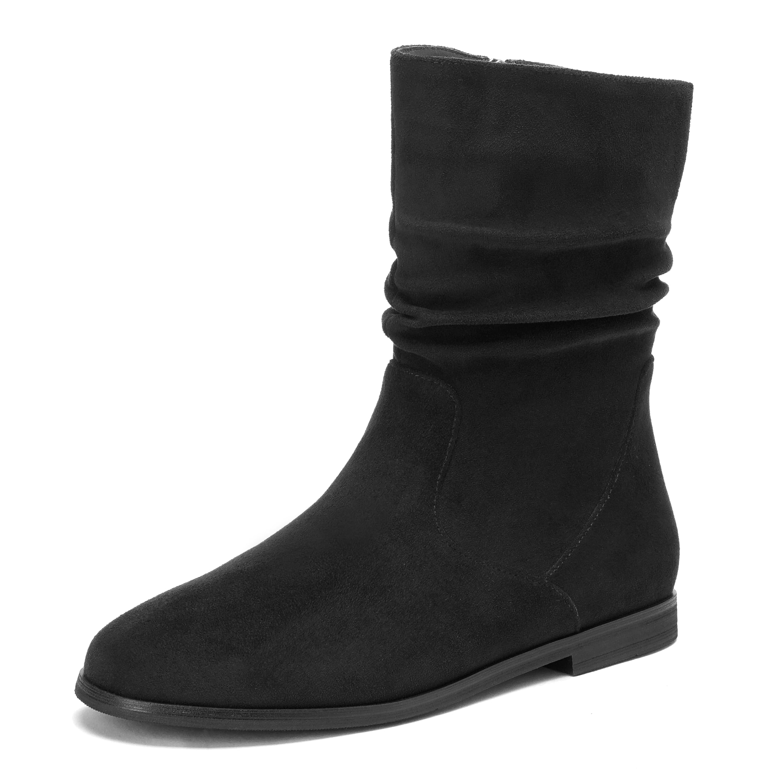 Black Slouch Ankle Boots For Women Wide Calf Booties For Women Low Heel Flats Mid Calf Zipper