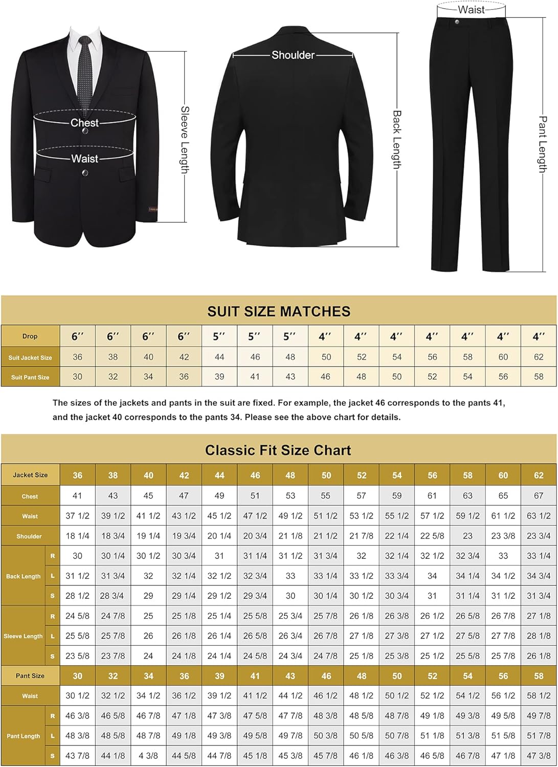 Mens 3 Piece Classic Fit Suit Set One Button Solid Jacket Blazer Vest & Pants