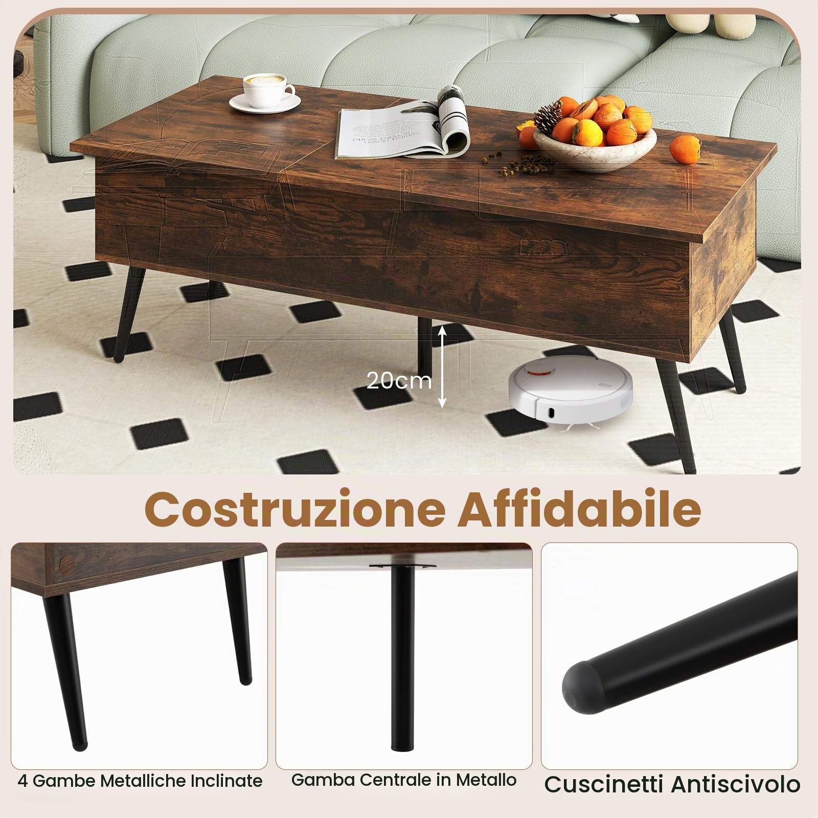 LIFEZEAL Tavolino da Salotto Sollevabile, Tavolino Basso da Caffè, da Soggiorno, Moderno, Salvaspazio, in Legno, con Piano Elevabile, Gambe in Metallo, Contenitore, 2 Scomparti, 110,5x48x40cm, Marrone