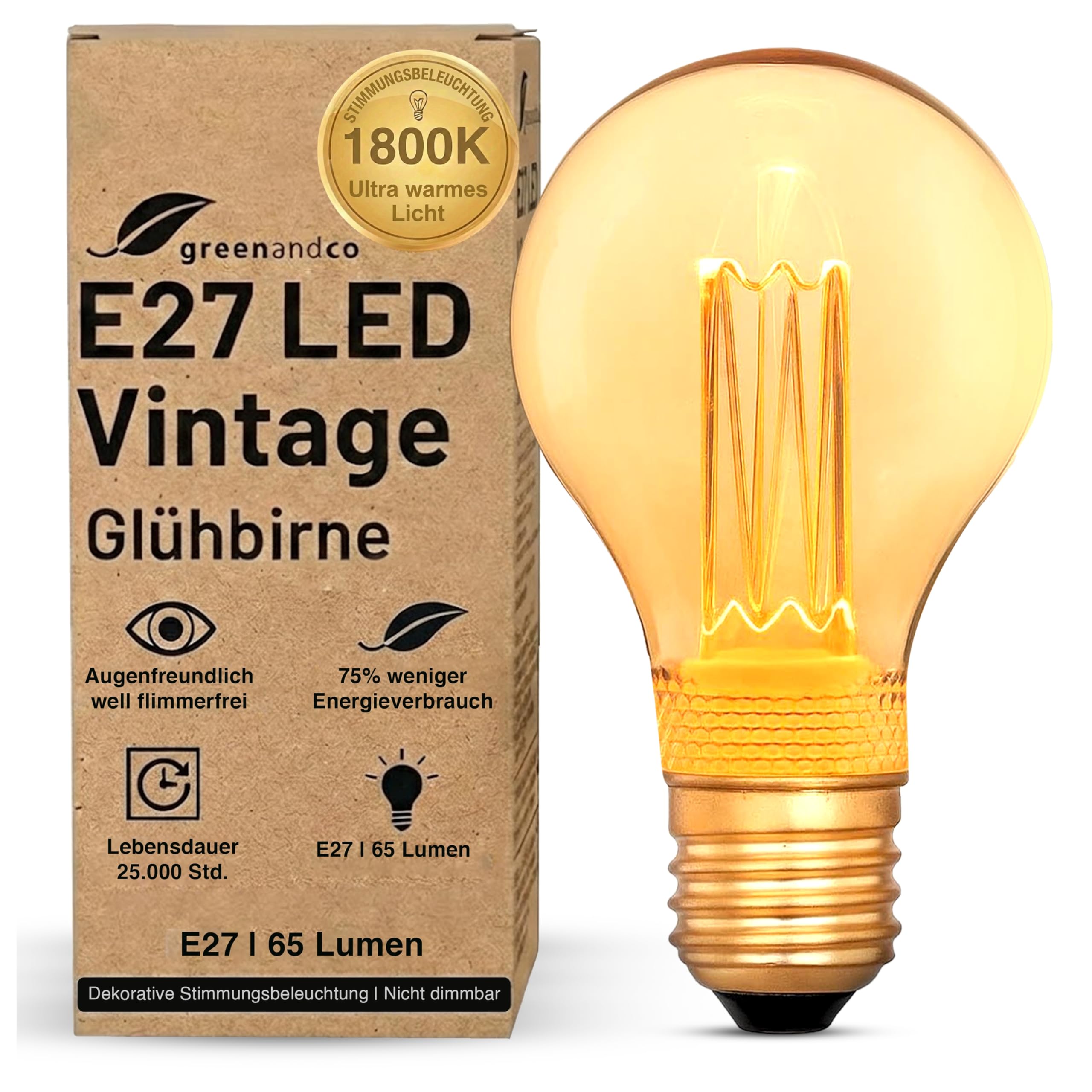 greenandco E27 LED Vintage Glühbirne zur Stimmungsbeleuchtung | E27 A60 | gold | 2W 65lm | 1800K extra warmweiß | 320° | 230V | flimmerfrei | nicht dimmbar | Edison Glühbirne