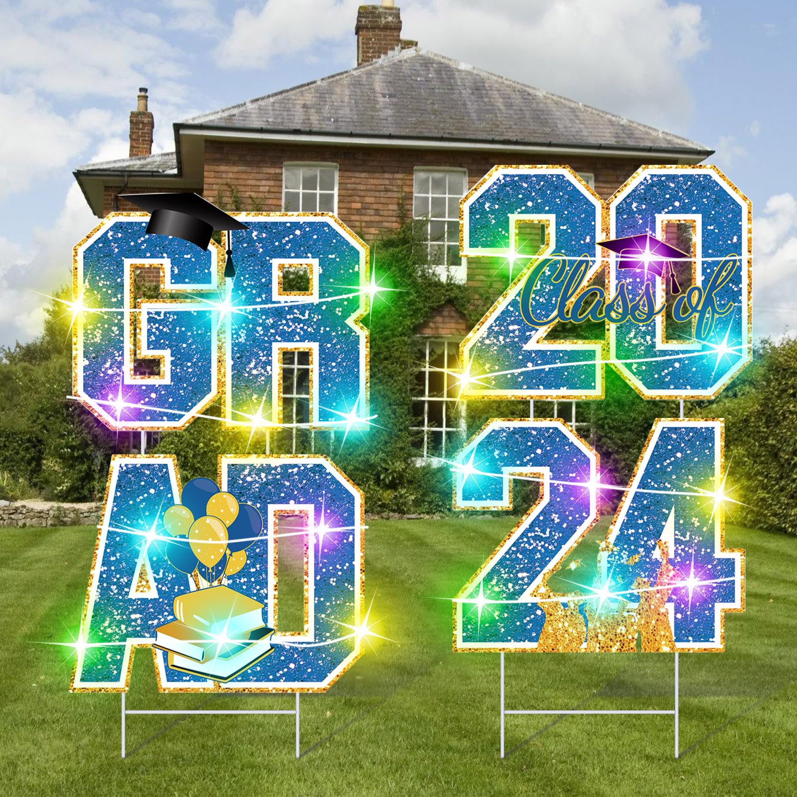 Photo 1 of Graduation Yard Sign Decorations Class of 2024, Graduation Yard Signs with Lights, Waterproof Remote Controlled, 2024 Graduation Party Decorations Blue and Gold