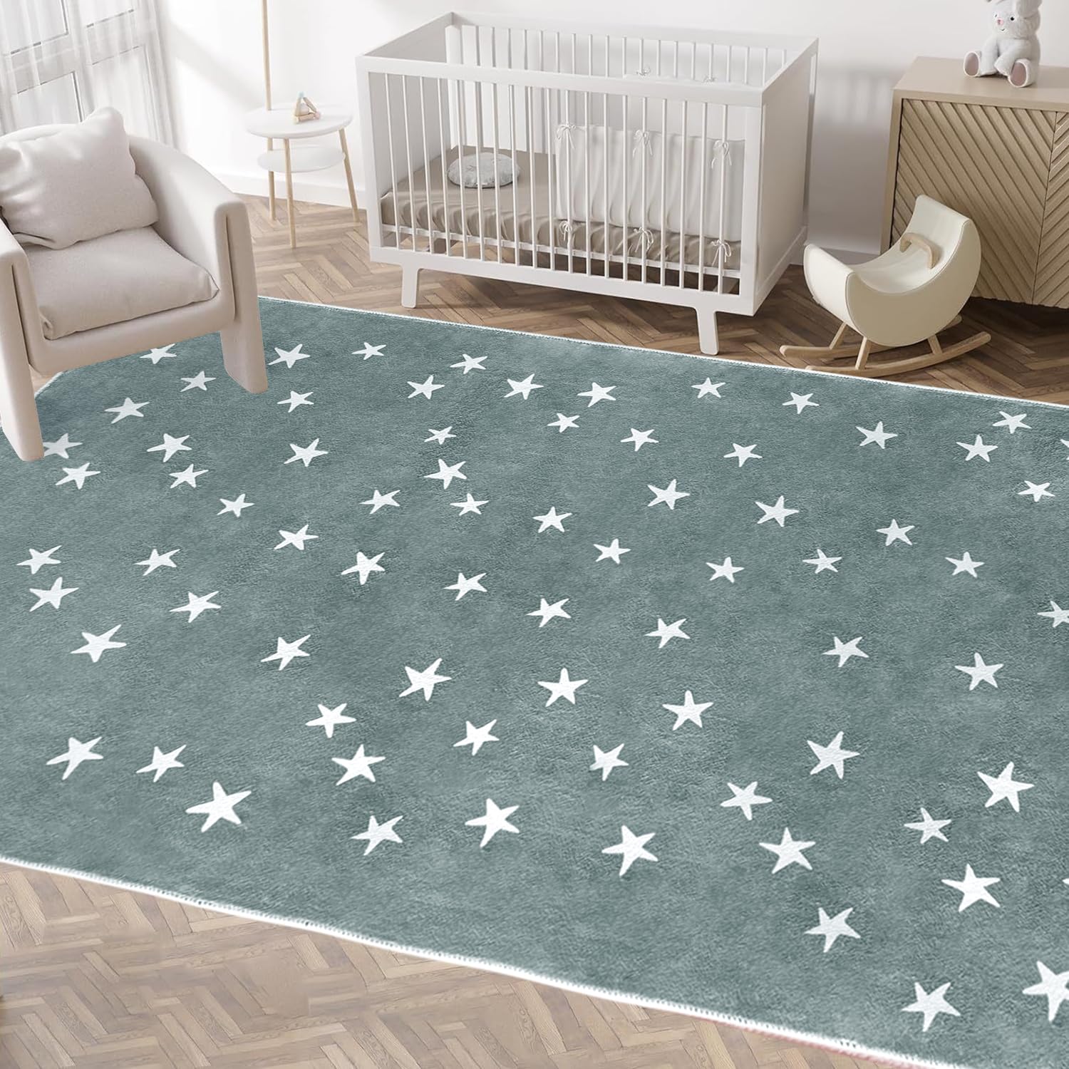 Poowe Blue Stars Machine Washable Area Rugs-3.3'x5.3' for Living Room, Large Non-Slip Boho Kids Nursery Throw Rug Carpet for Bedroom Entryway Dining