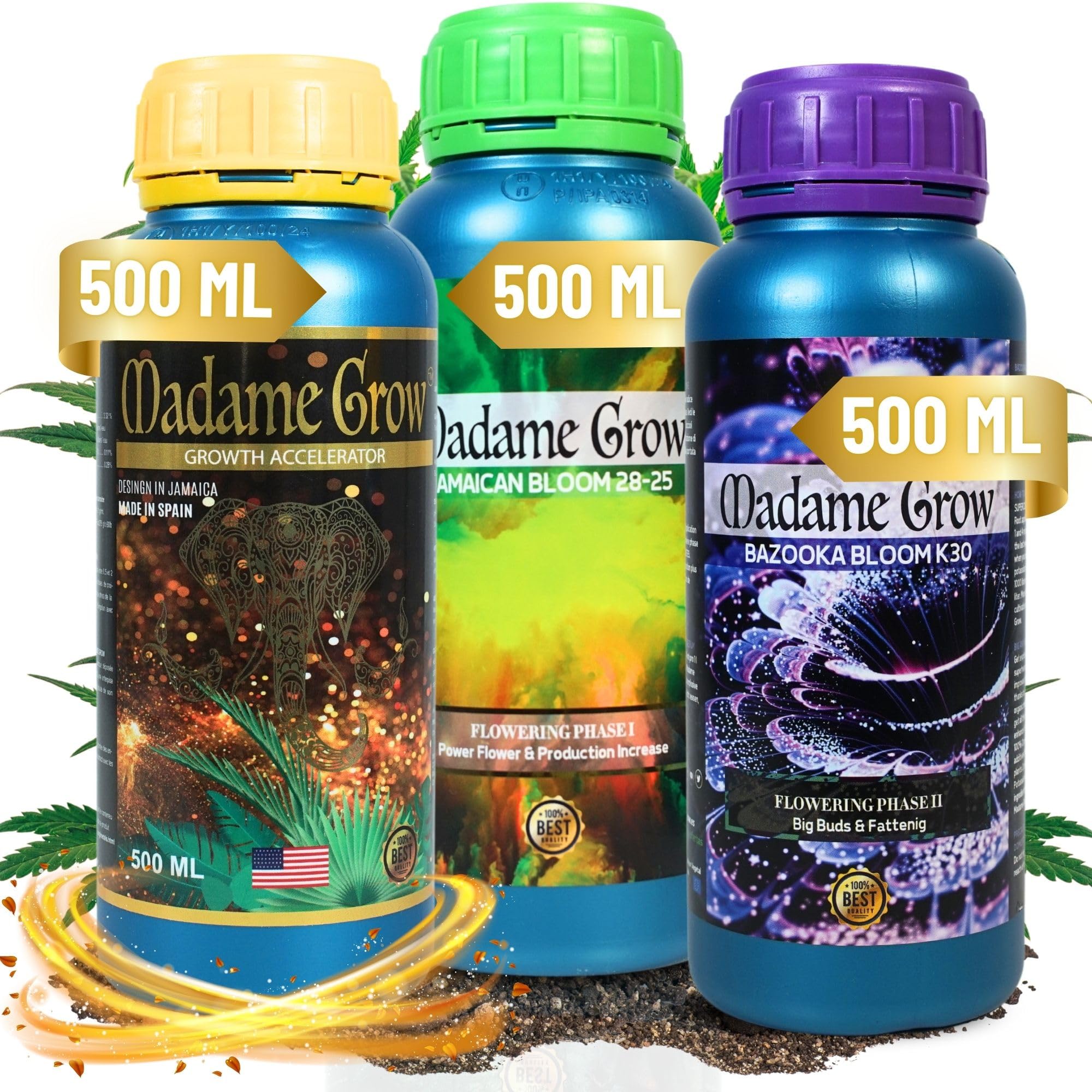 MADAME GROW Kit Power 3PACK 3 x 500ml | Pack Fertilizantes Crecimiento Floración y Engorde | Enraizante + PK Floración + Engordador K30 | Kit 3 Abonos Orgánicos