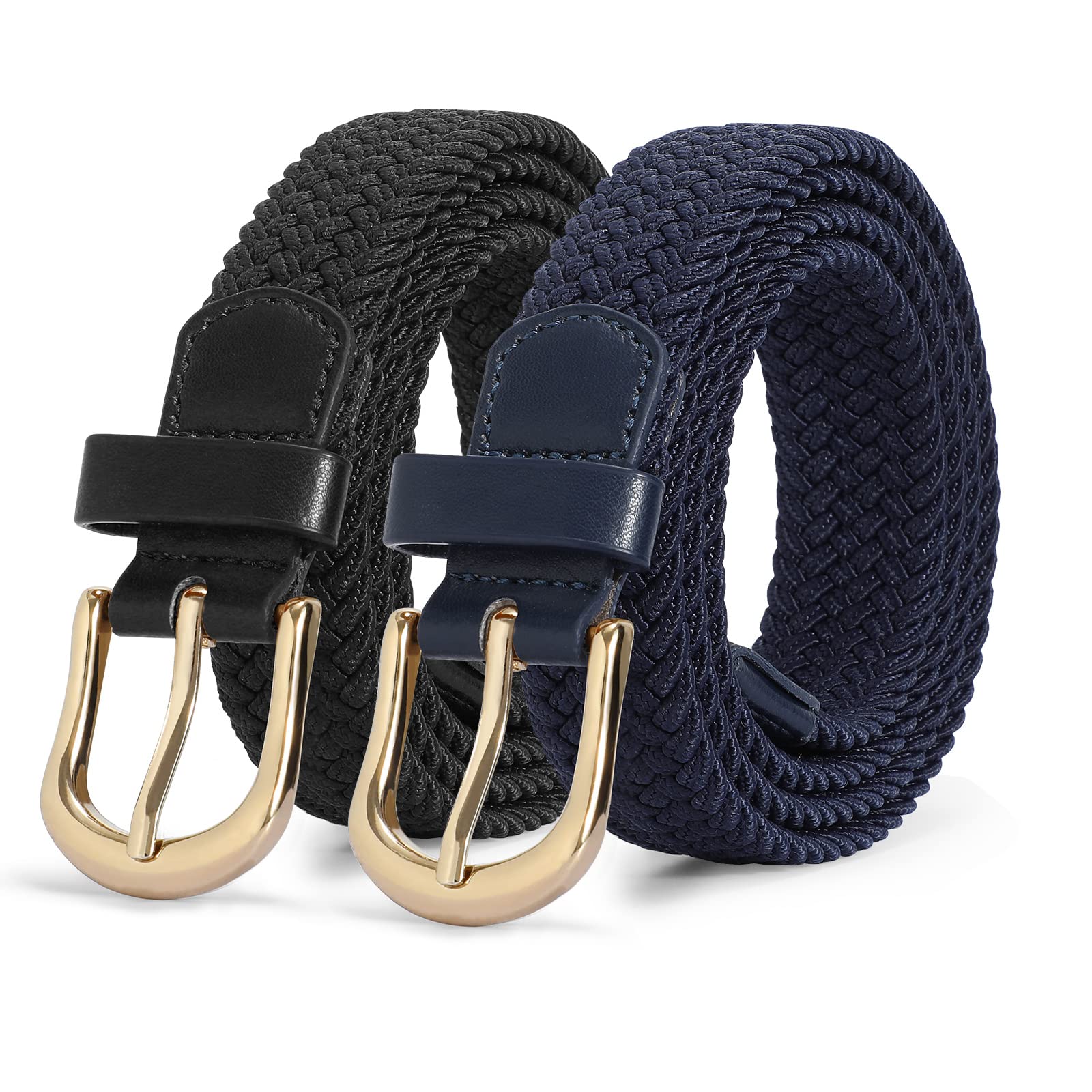JASGOOD 2 Pack Braided Belts for Women, 1'' Narrow Width Elastic Woven Stretch Fabric Cloth Belts with Gold Buckle