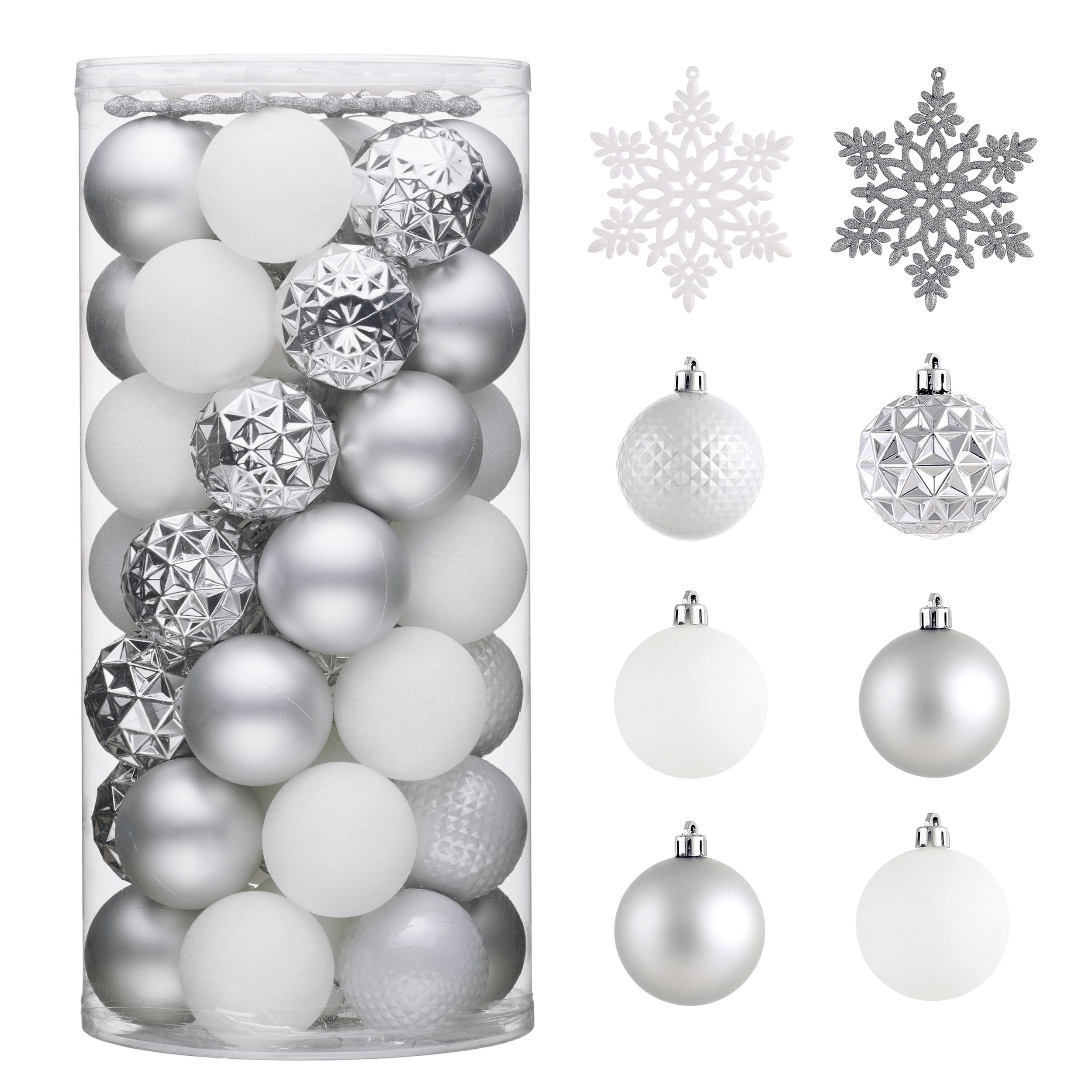 Valery Madelyn Lot de 50 boules de Noël incassables à suspendre pour sapin de Noël et Halloween, 5,1 cm, blanc et argenté
