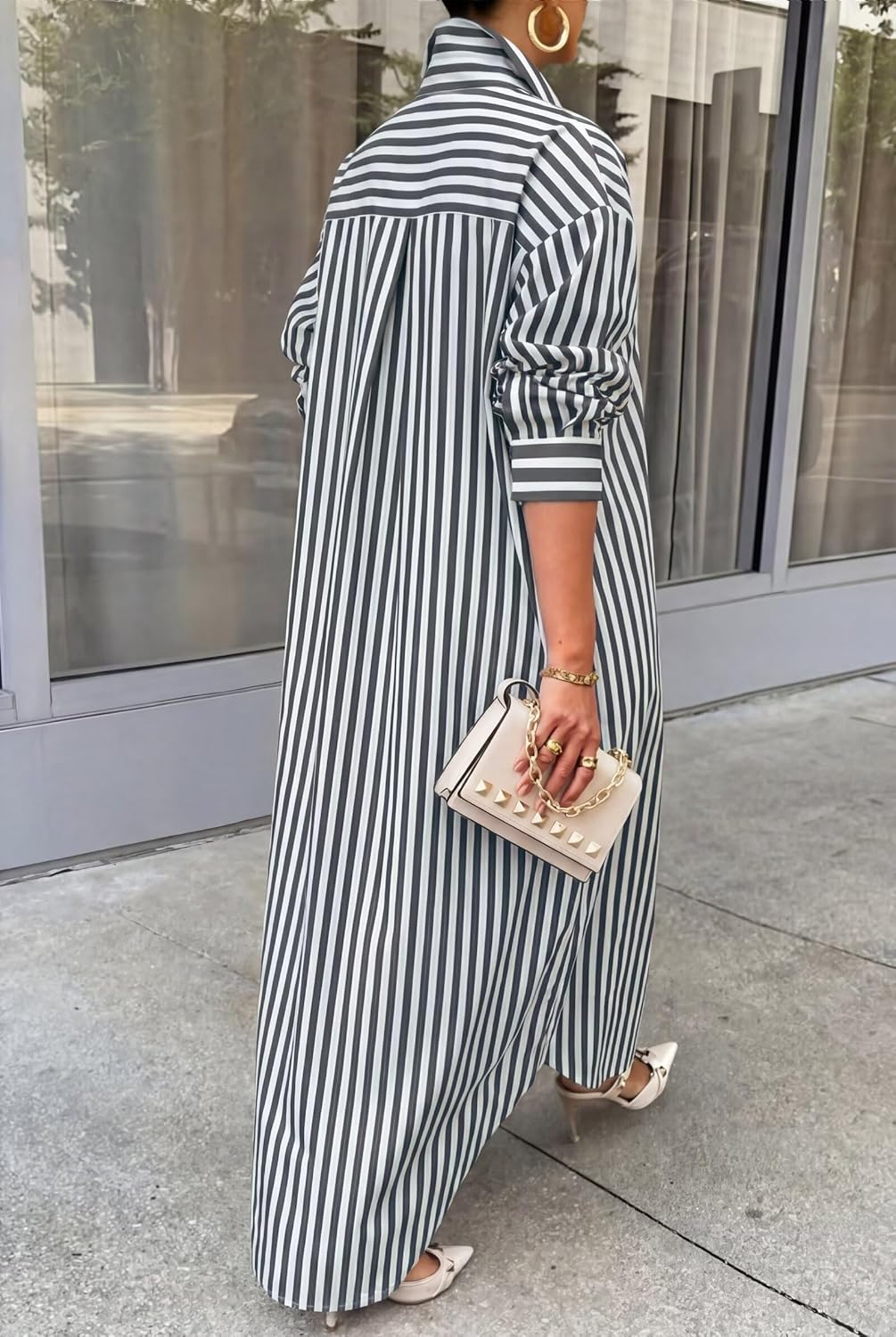 Choichic Shirt Dresses for Women Cotton Button Down Oversized Striped Maxi Dress Cover Up with Pockets - Image 5