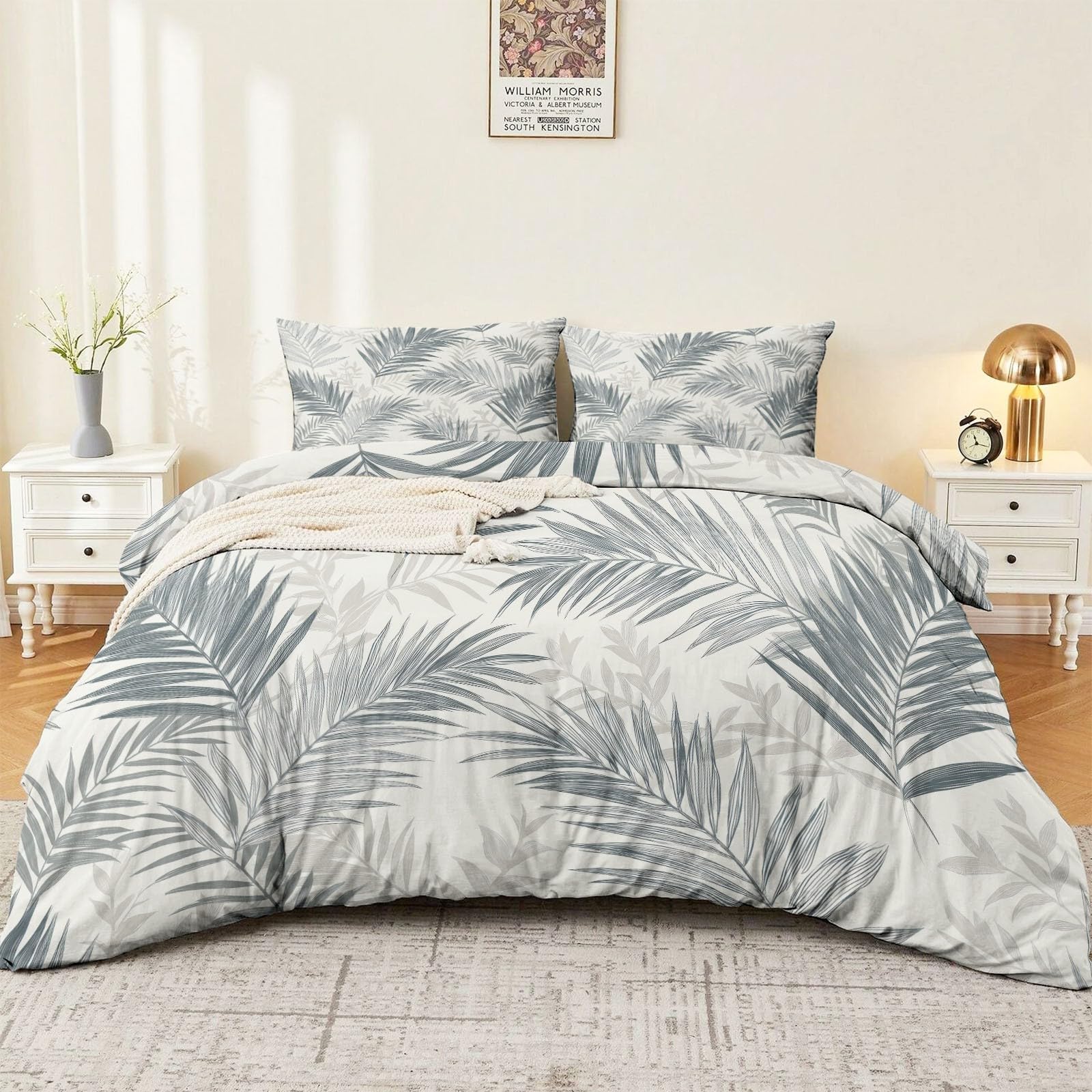 Parure de lit 2 personnes housse de couette 140x200 microfibre grise imprimé palmier