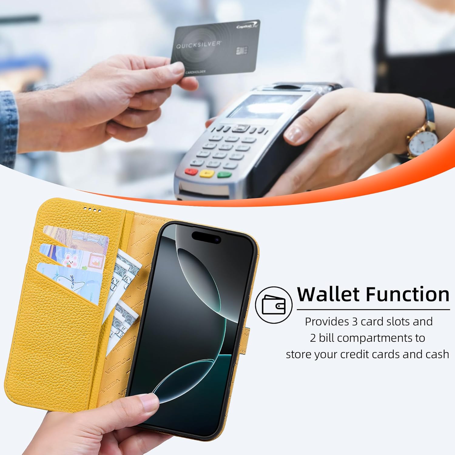 VISOUL Wallet Case for iPhone 17 with 3 Card Slots Pebbled Real Leather Protective Cover, RFID Blocking Kickstand Magnetic Folio Case with Magnetic Closure Designed for iPhone 17 (6.3")-(Blue+Yellow)