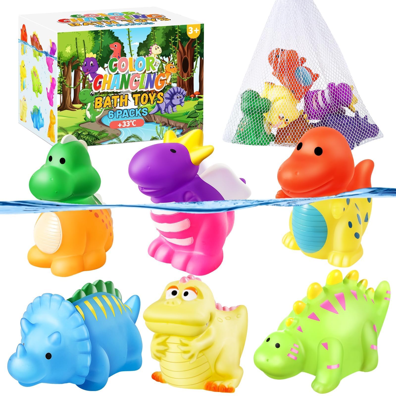 Color Changing No Hole Toddler Bath Toys for Kids Ages 1-3 4-8, Dinosaur Bath Toys Toddlers 2-4 with Drying Bag, Dinosaur Toys, Pool Toys Outdoor Water Toys Kids Water Table Toys Bathtub Toys
