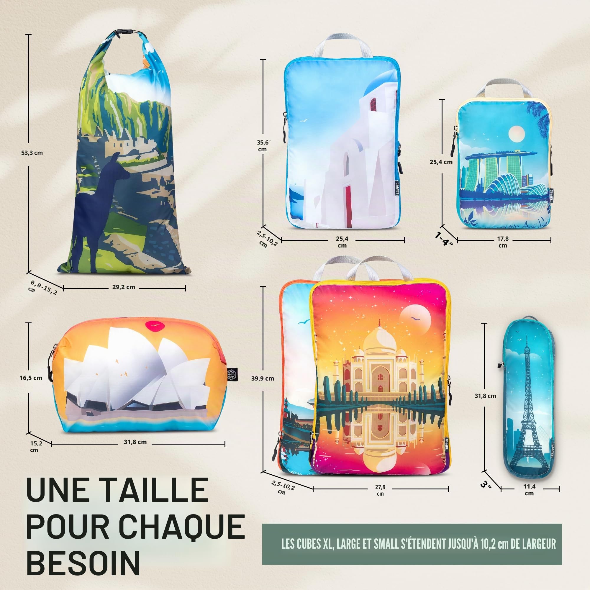 TRIPPED Travel Gear – Lot de 7 grands cubes de rangement pour voyage – Sacs de compression ultra légers, extensibles/de compression pour vêtements (Bucketlist)