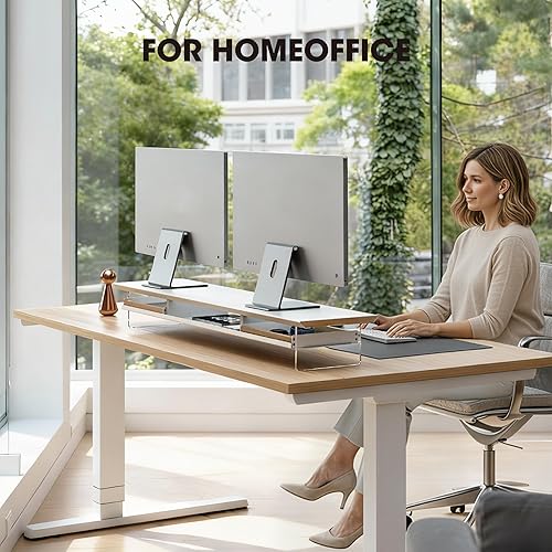 Miniatura 6 de Fenge Soporte de monitor acrílico para escritorio, elevador de monitor doble de 2 niveles con cajones de madera maciza, soporte de computadora de