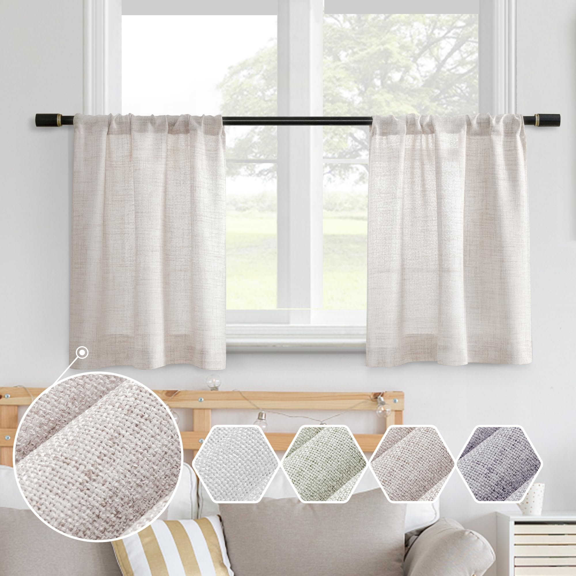MEETBILY Linen Textured Semi Sheer Kitchen Tiers Curtains 24 Inches Long Small Window Curtains Rod Pocket Cafe Curtains Drapes for Bathroom Laundry
