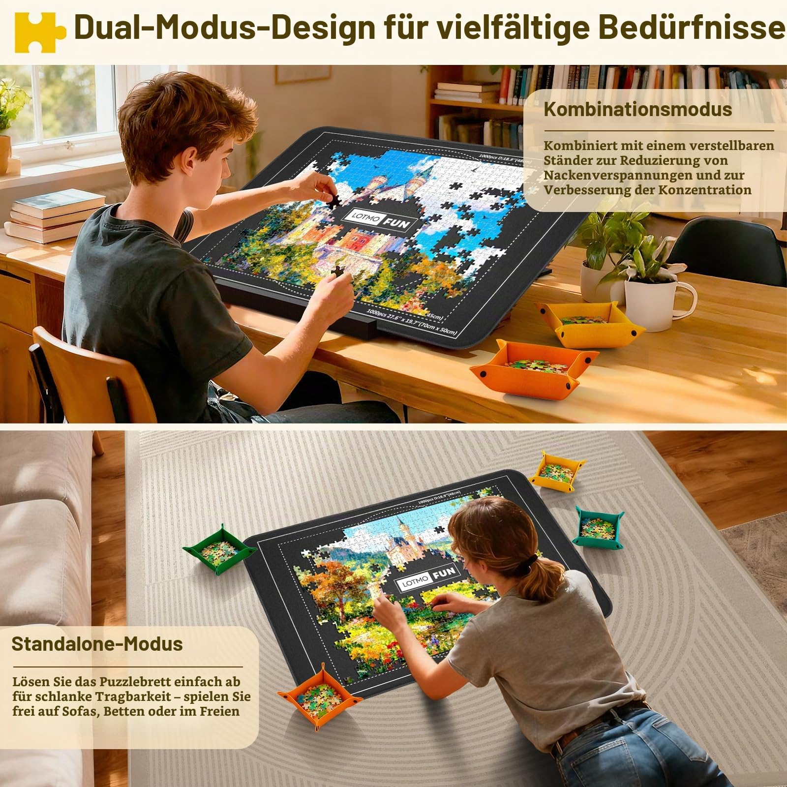 Puzzlebrett für 1000 Teile mit patentiert verstellbarem Ständer | leichtes Filz-Puzzlebrett mit 6 Tablett und Abdeckung, tragbarer Puzzletisch mit Aufbewahrung und Rutschfester