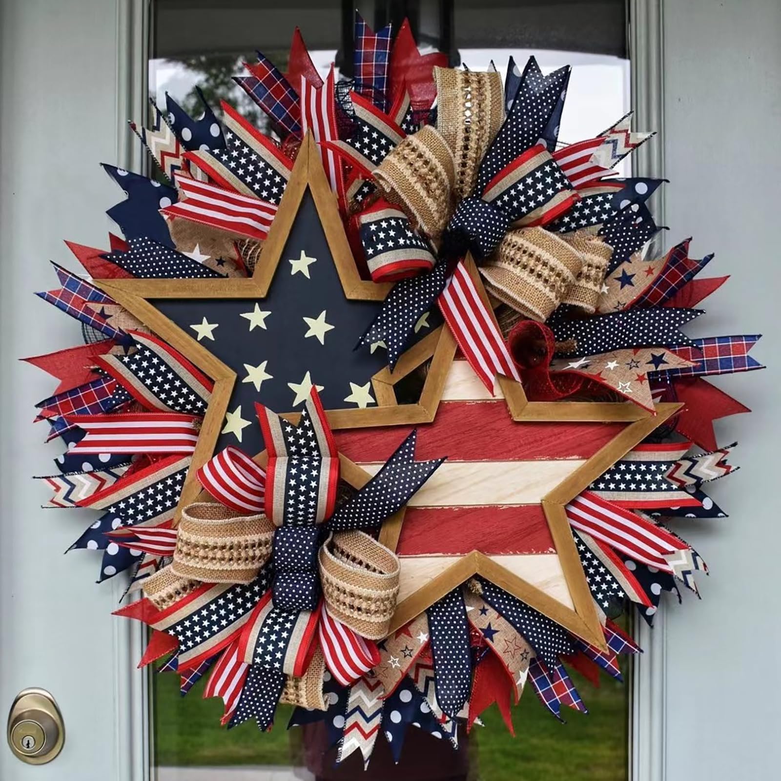 Photo 1 of 4th of July Patriotic Wreath 15.7 Inch, American Flag Wreaths for Front Door, Red White and Blue Weather Farmhouse Outdoor Holiday Decoration, Memorial Day Independence Day Spring Decor