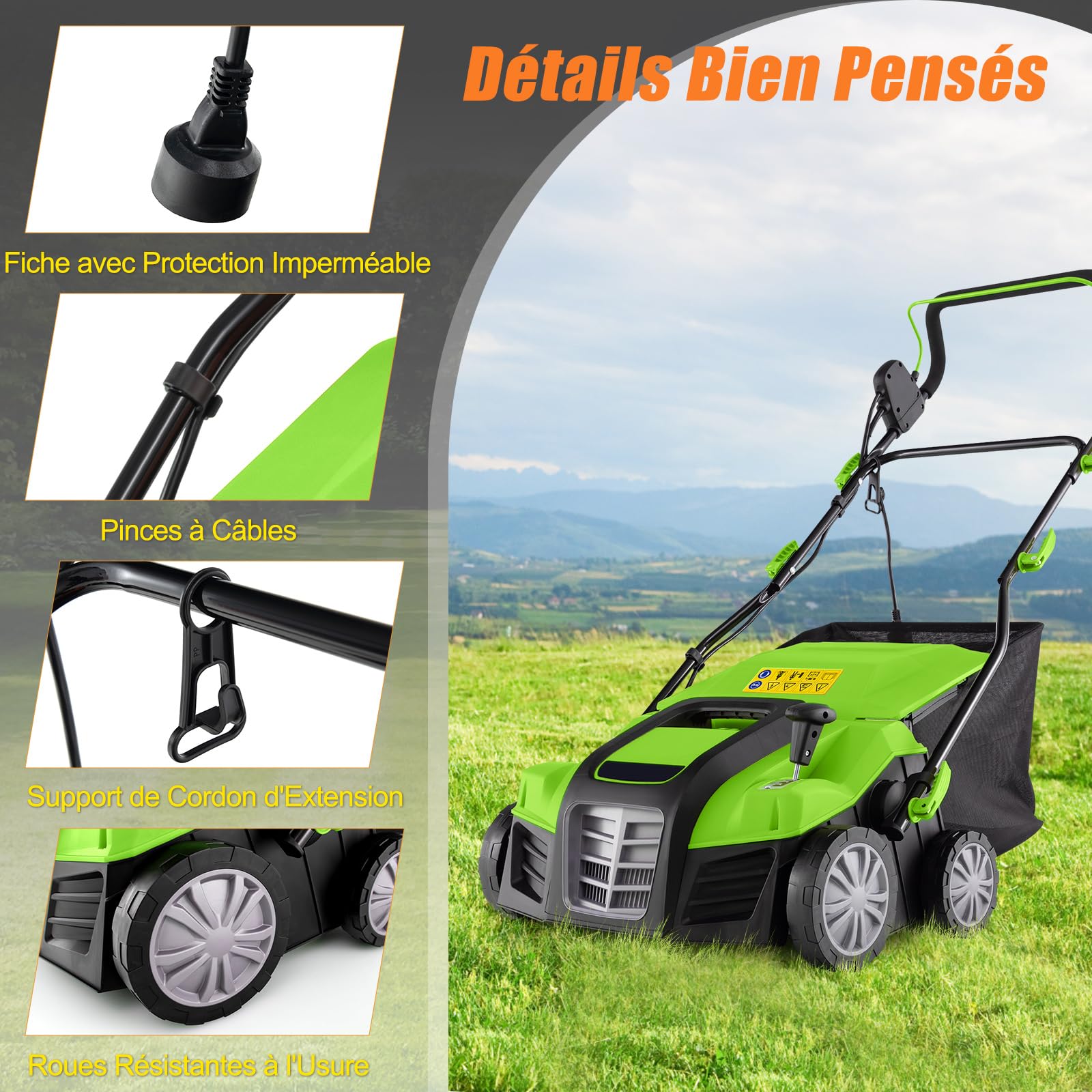 COSTWAY Scarificateur et Aérateur Électrique Filaire 2 en 1 de 2000 W 3500rpm, 2 Lames Largeur de Travail 40 cm avec Réglable à 5 Positions Sac de Ramassage 55 L, pour Pelouses 800 m² (Vert)