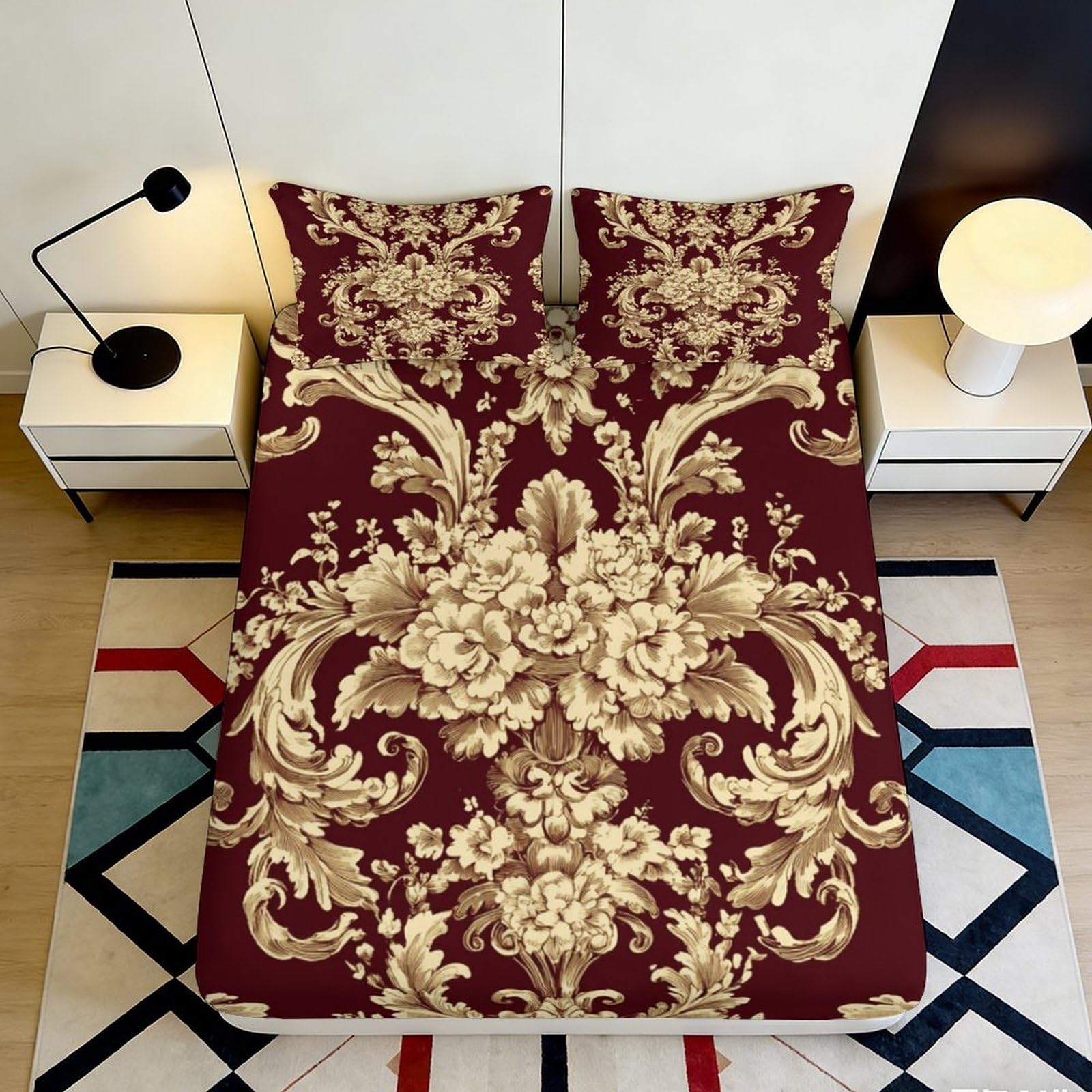 3D Printed Baroque Floral Fitted Sheet Microfiber Burgundy Gold Damask Mattress Cover for Bedroom Guestroom Decor 90x200x25cm