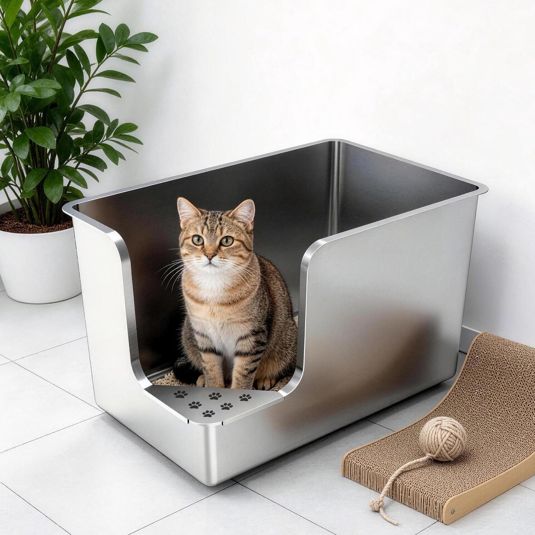 PTLOM Stainless Steel Cat Litter Tray 30cm High-Side, Metal Cat Litter Box, Corner Opening Entry,Cat Litter Pan with Wheels, Easy to Move, Non-Stick, No Odor, for Big or Multiple Cats 57.8x37.8x30cm