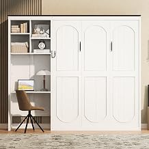 LUMISOL Queen Size Murphy Bed with Desk, Wall Bed Frame with Wall Sconces & Multi-Layer Storage, Space-Saving Hidden Foldable Bed Frame with Shelves and Cabinets, White