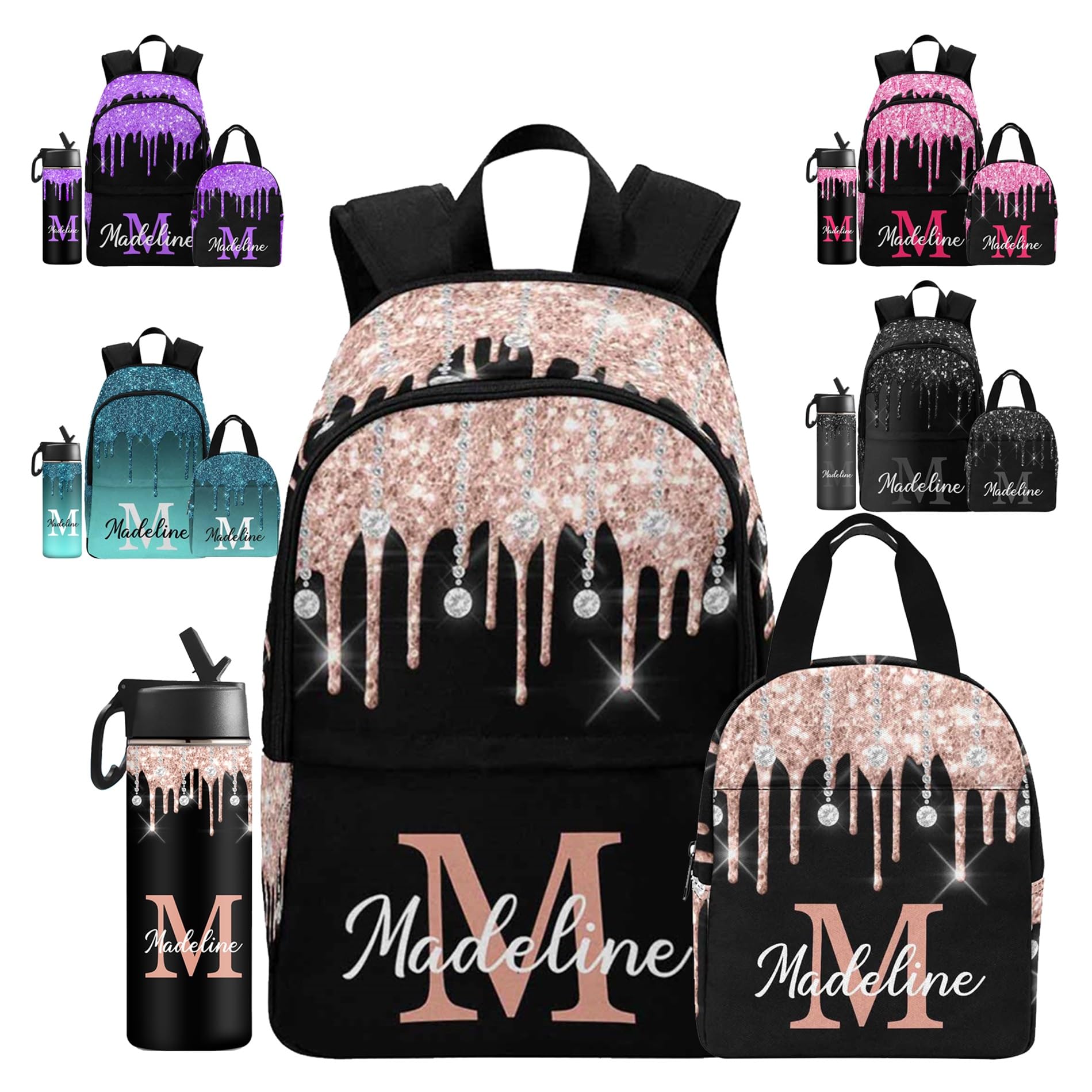 MyPupSocks Custom Name Backpack with Lunch Box for Girls, Personalized Glitter Kids Schoolbag Casual Backpack Customized Girls Bookbag School Bag for