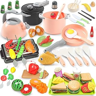 Kids Kitchen Playset, Pretend Play Kitchen Accessories, 105pcs Toy Kitchen Set with Pots, Pans, Mini Food, BBQ Grill for Girls Boys, Cooking Toys Kids Play Dishes for Toddlers 1 2 3 4 5