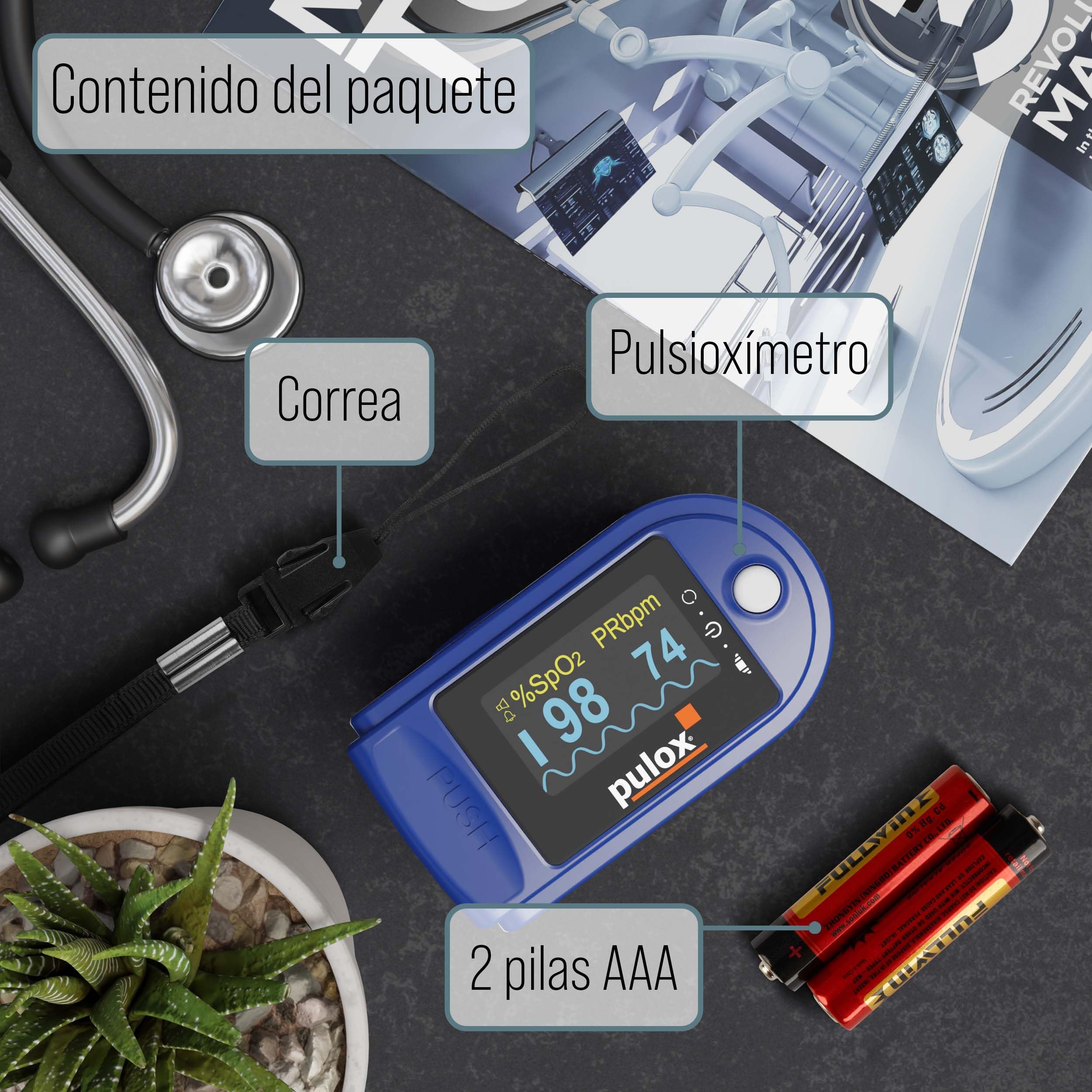 Pulsioxímetro Pulox PO-200A Solo en azul - Oxímetro con señal acústica para medir pulso, saturación de oxígeno y Índice de perfusión