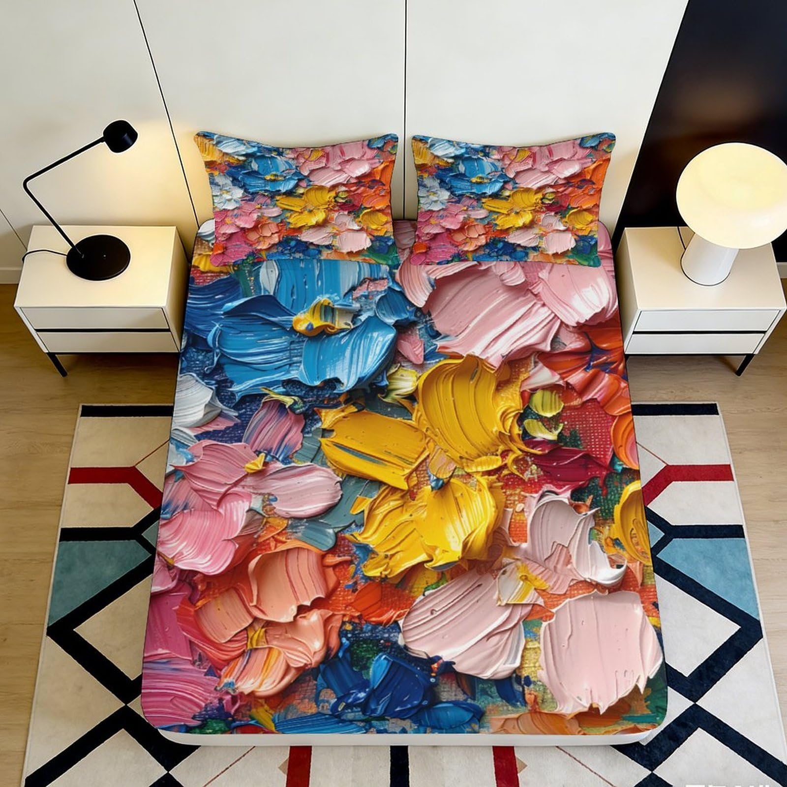 3D Printed Colorful Paint Texture Fitted Sheet Microfiber Artistic Brushstroke Bed Cover for Bedroom Guest Room Decor 90x200x25cm