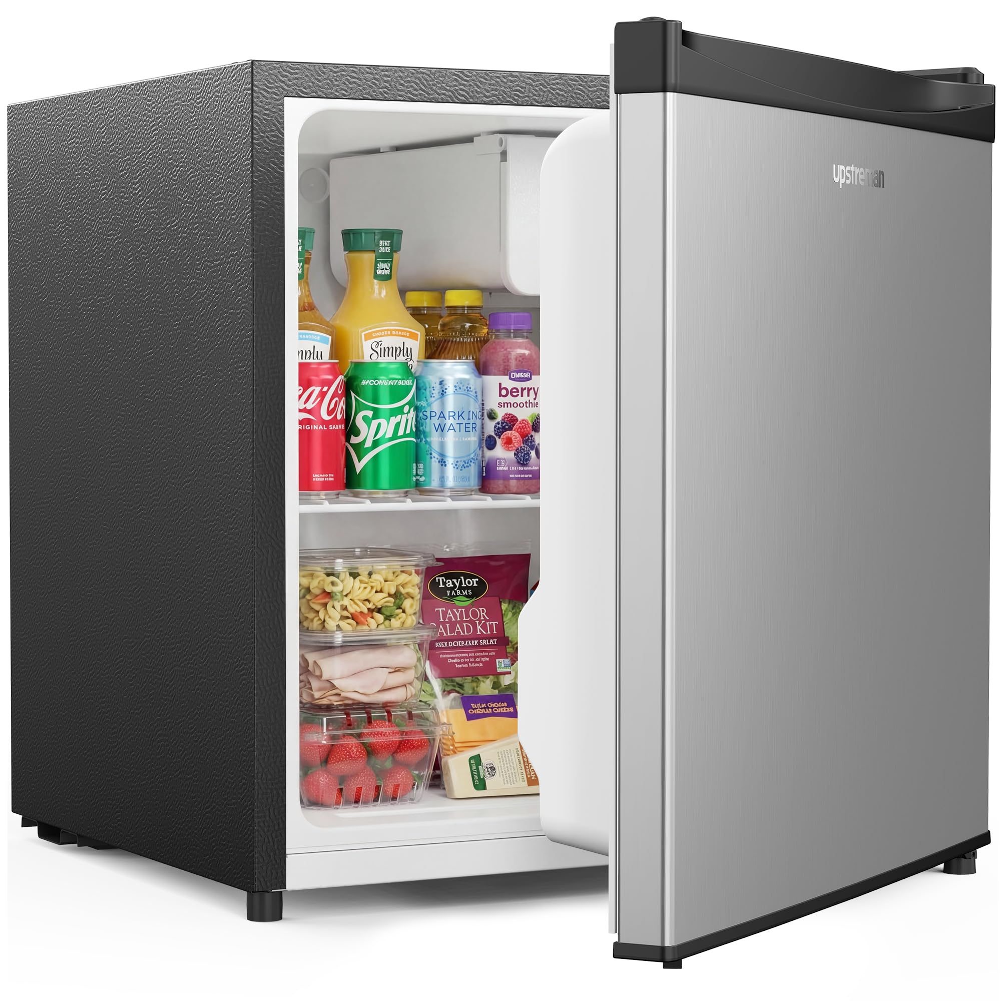 Upstreman 46L Mini Kühlschrank, Temperaturregelung, energiesparend, leise, eintüriger Getränkekühlschrank, perfekt für Wohnheim, Küche, Büro, Schlafzimmer, Edelstahl-FR17