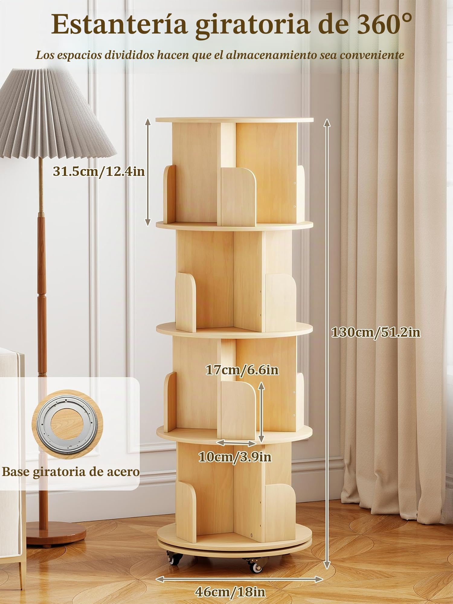 Estantería giratoria extraíble de 360° de 4 niveles, estantería giratoria con ruedas, almacenamiento de libros, estante de exhibición de libros, estante de pie para sala de estar, dormitorio