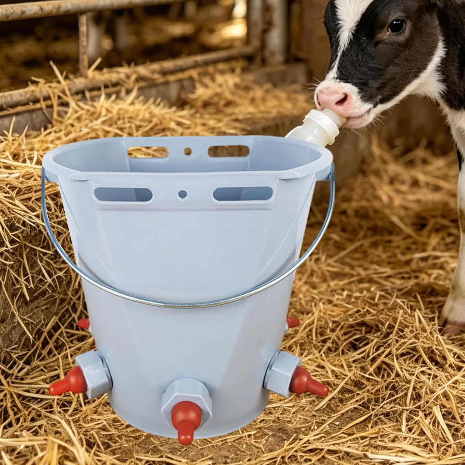 Secchio per l'alimentazione dei vitelli, Secchio per l'alimentazione del Latte, 8 Litri con tettarella, Premium, Pratico con Graduata, Grigio con 5 Capezzoli