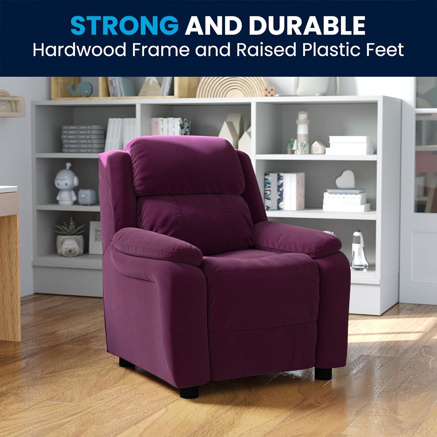 Flash Furniture Charlie Microfiber Kids Recliner with Flip-Up Storage Arms and Safety Recline, Contemporary Reclining Chair for Kids, Supports up to 90 lbs., Purple