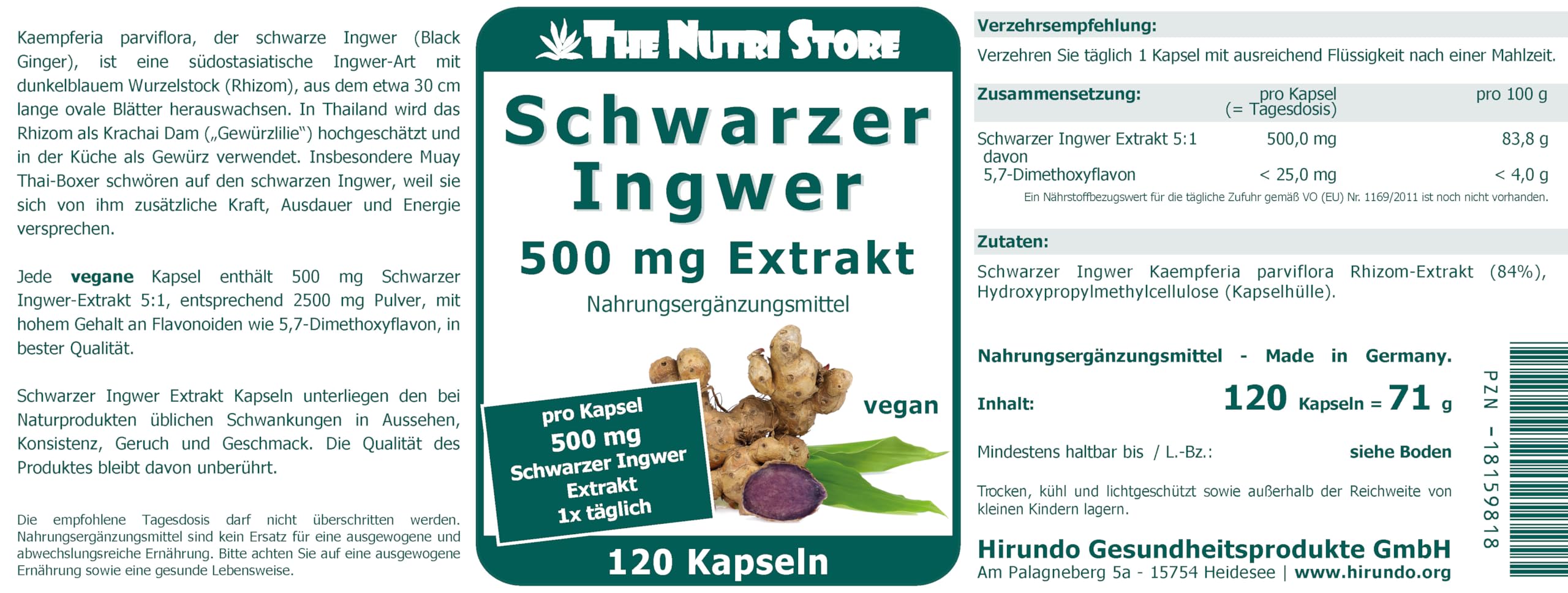 The Nutri Store - Schwarzer Ingwer Extrakt 500 mg - 120 Kapseln - Kaempferia parviflora 5:1 Konzentrat - 4 Monatsvorrat - Made in Germany