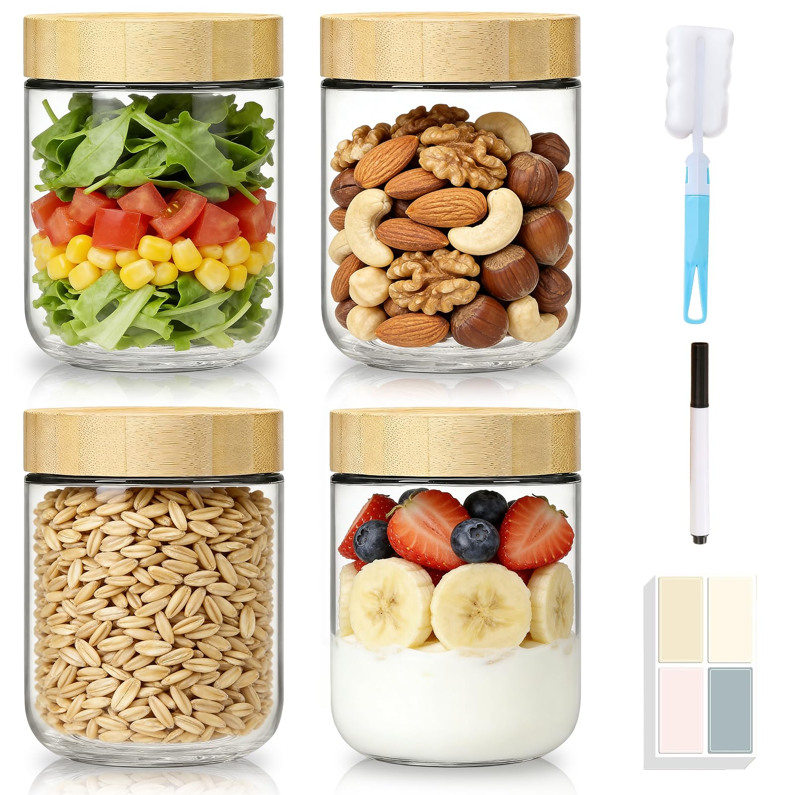 MEETOZ Glass Mason Jars, 6-Pack 16 ozOvernight Oats Containers with Screw wood Lid,Yogurt Jars, Reusable Small Mason jars for Food Coffee Tea Spice Fruit Sauce Cereal Snacks Storage (450ml - 4Pack)