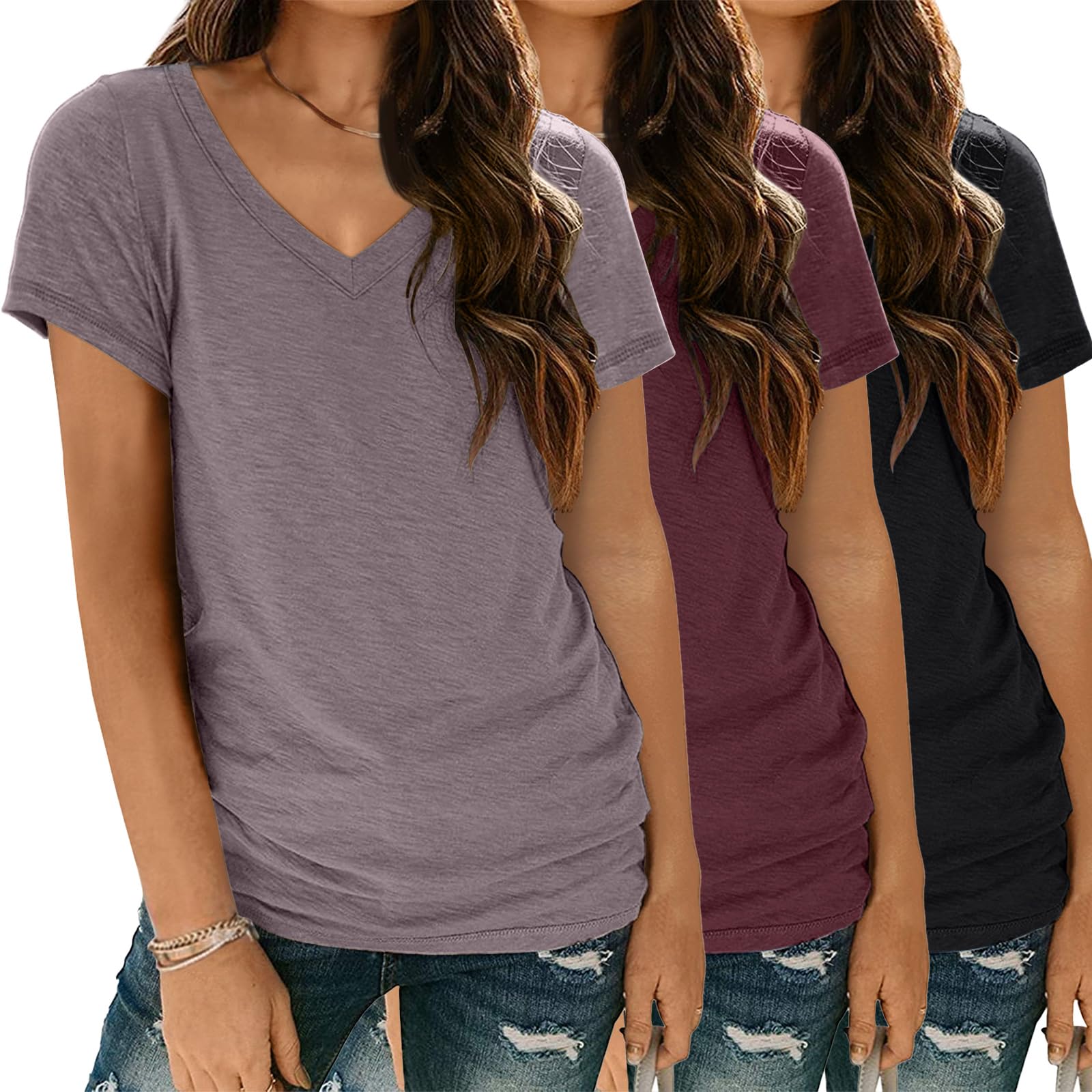 SUNBS 3 Pack V Neck T Shirts for Women Short Sleeve Tshirts Summer Casual Tops Loose Fit Basic Tees