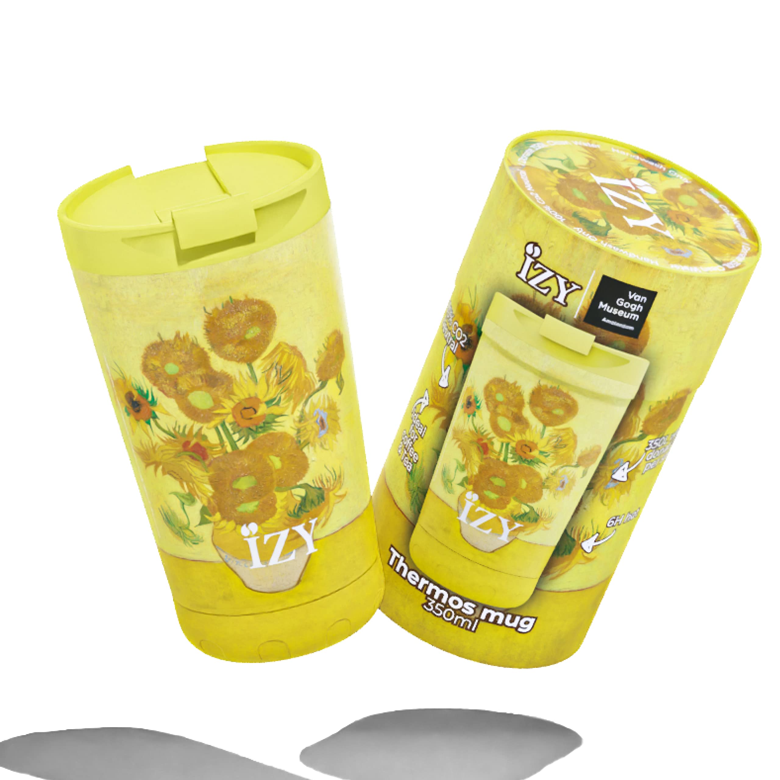 IZY taza termo - Taza de café 350ml - Taza de café para llevar - Termo - Sin BPA - Taza de viaje de acero inoxidable - A prueba de fugas (Girasoles)