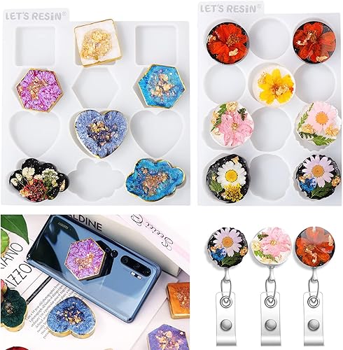 LET'S RESIN Molde de resina para agarre de teléfono, 2 moldes de silicona para resina epoxi, 24 cavidades de carrete de insignia para resina,