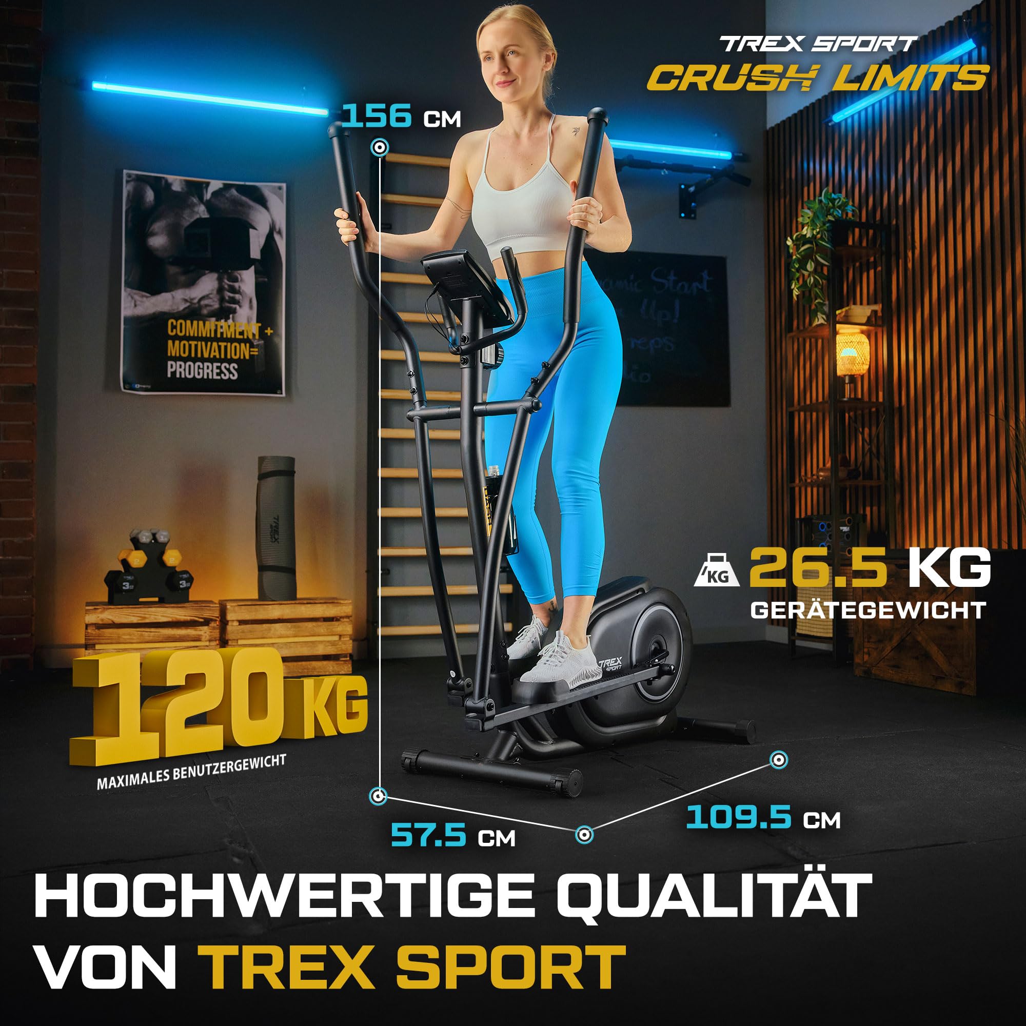 TREX SPORT Crosstrainer für zuhause TX-400CT Dash | Ellipsentrainer mit 10-stufigen Widerstand, Pulssensoren, Display, Tablet-Halterung | leise, bis 120kg