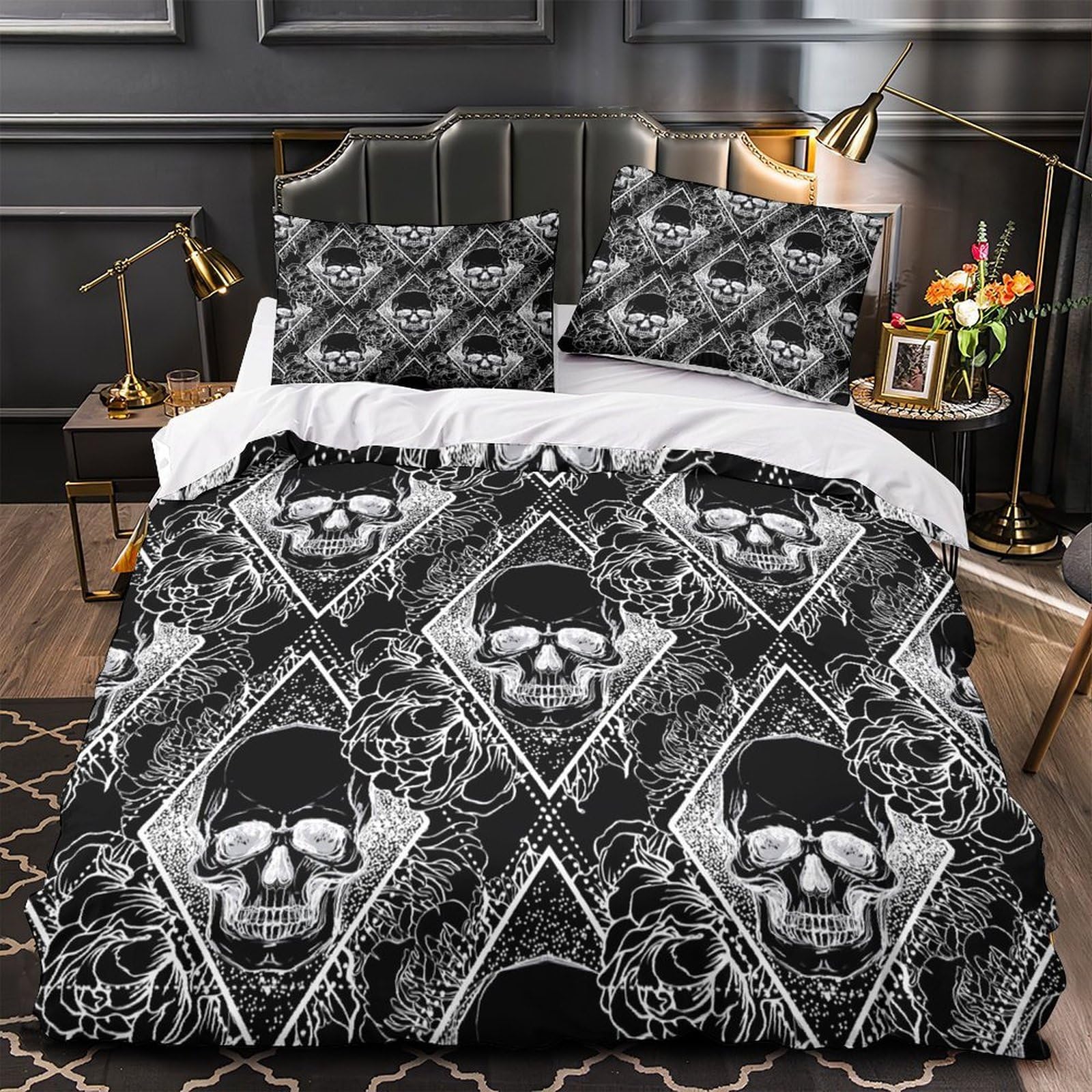 Parure de lit crâne microfibre housse couette 140x200 gothique garçon