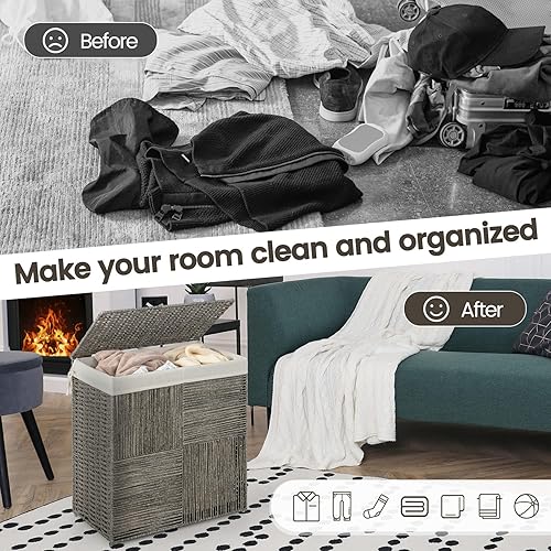 Miniatura 5 de S AFSTAR Cesta de lavandería con tapa, cesta de ratán de 29 galones con bolsa de lavandería de 2 rejillas, cesta de ropa sucia, cesta de ropa