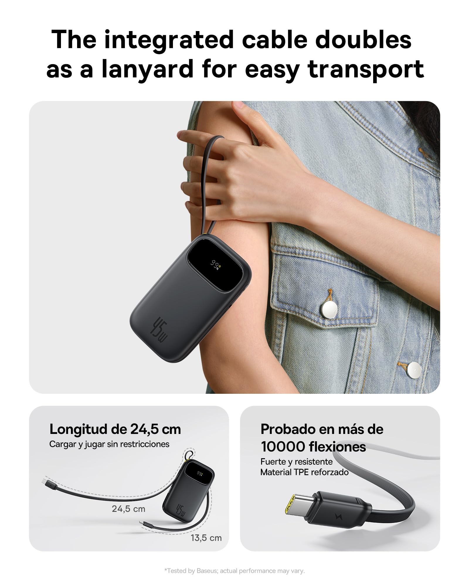 Baseus Powerbank 45W 20000mAh con 2 Cables USB-C Integrados, Power Bank PD3,0 QC4,0 Baterías Externas Carga Rapida, 3 C 1 A, Cargador Portátil para iPhone 17/16/15 Pro MAX, Samsung, Negro