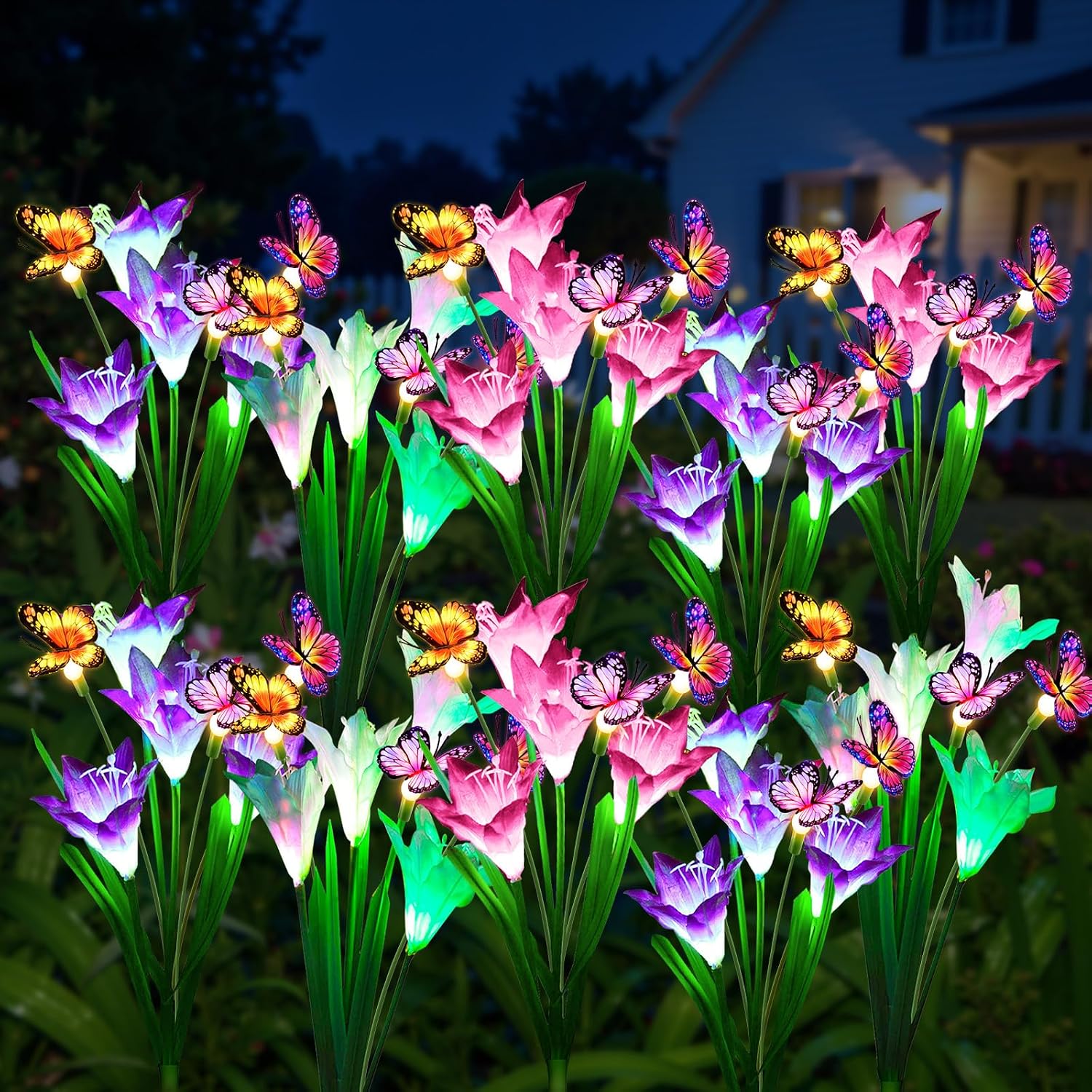 KOOPER Solar Lights Outdoor Garden Decor 10 Pack, 40 Lily Flowers and 30 Swaying Butterflies, IP65 Waterproof 7 Color Changing Solar Flower Lights for Yard Patio Pathway, Gifts for Mom Women Grandma