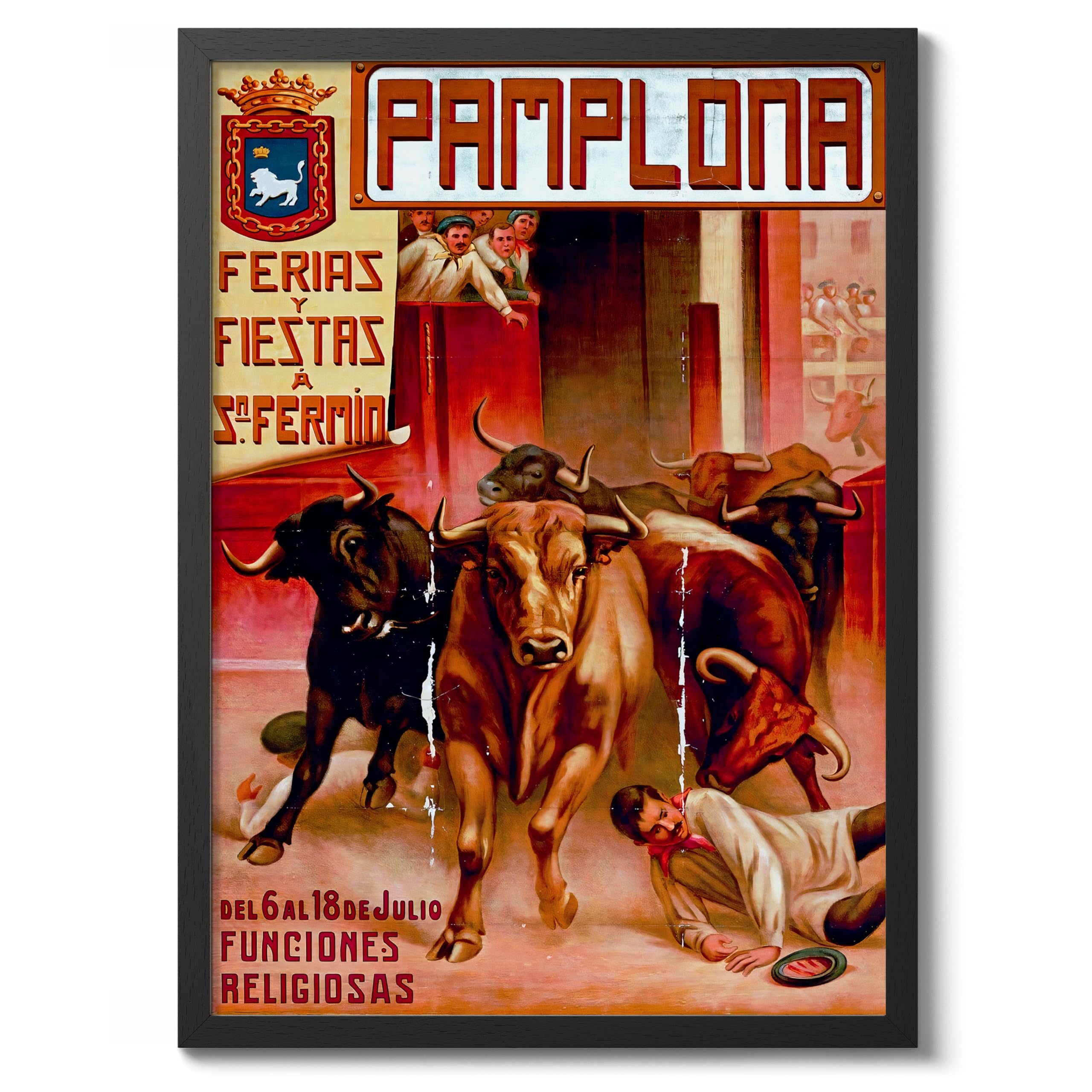 Pamplona, Spain Vintage Spanish Travel Poster, Retro Spain Tourism Print, Decoration Wall Art Seville Landmark Bedroom Decor, 50x70cm (Black Frame) - 53x73cm — image 1