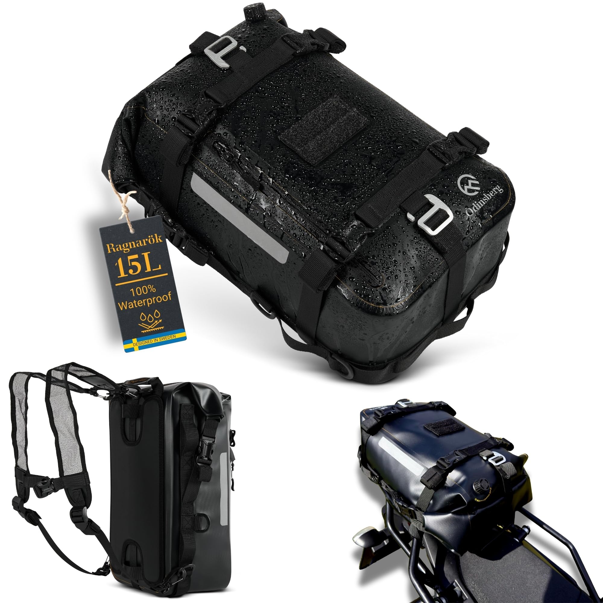 Odinsberg 15L Waterproof Motorbike Tail Bag Motorbike Storage Motorcycle Panniers Saddle Bags Dirt Bike Crash Bar Bags Backpack Dry Bag Motorcycle Luggage Rear Seat for Enduro Dual Sport ADV