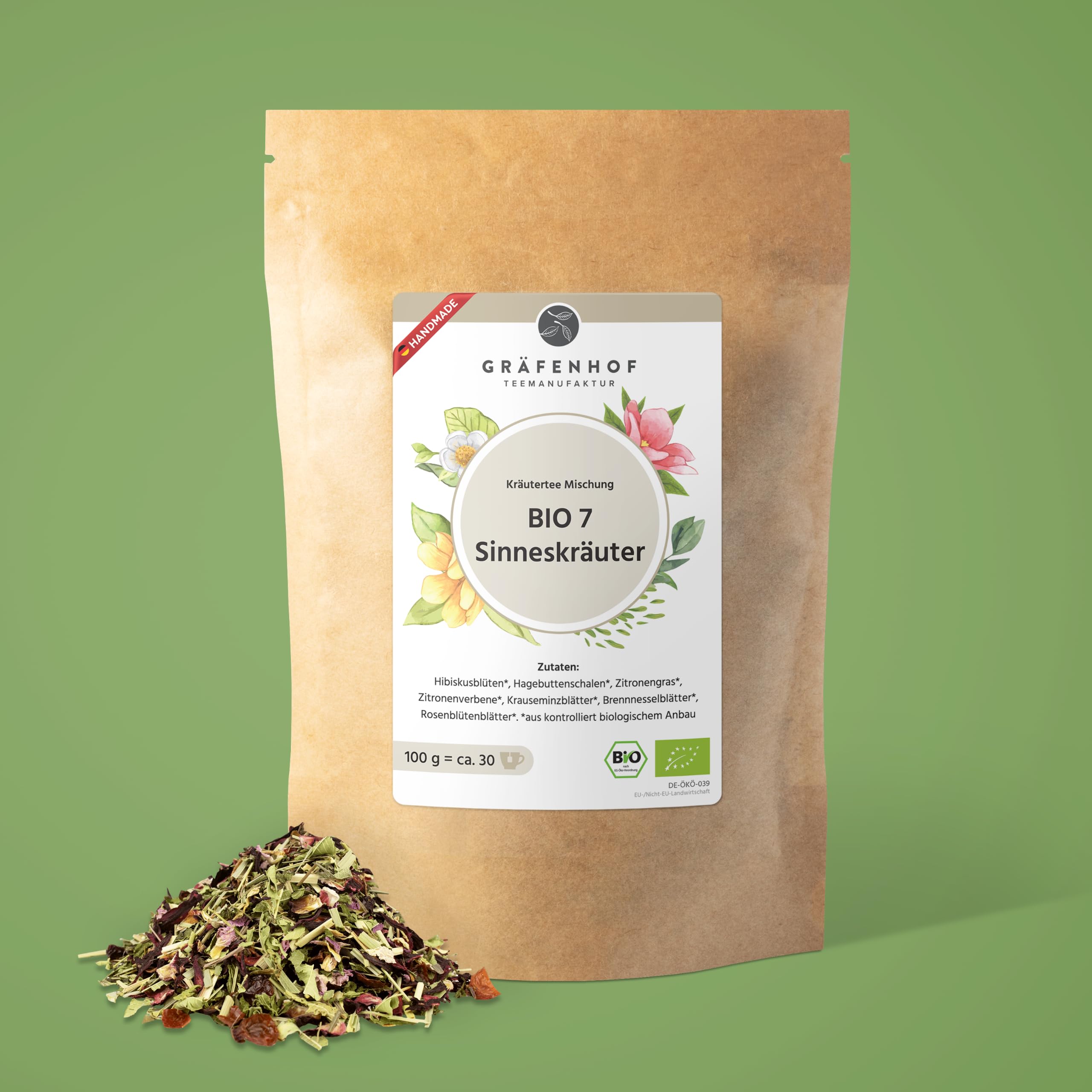Gräfenhof 7 Sinneskräuter Bio Kräutertee, 1000g lose Kräuterteemischung mit Hibiskus, Zitronengras, Minze & Rosenblüten, fruchtig-frisch, koffeinfrei, Premium Qualität, in DE abgefüllt