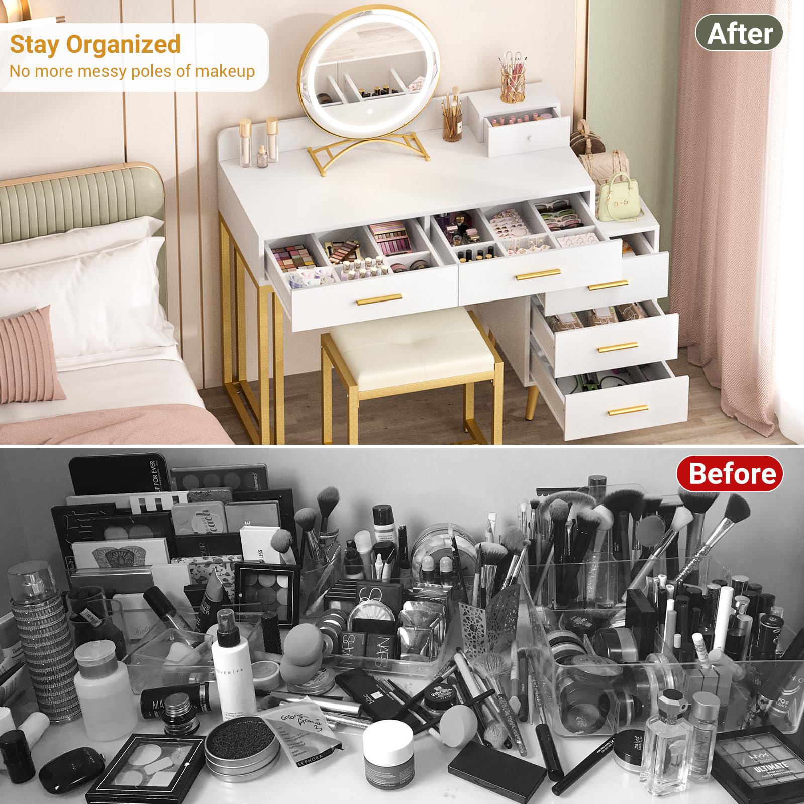 White Vanity Desk with Mirror and Lights, Modern Makeup Vanity Table Set with 6 Storage Drawers and Cushioned Stool for Bedroom, Dressing Table with Divided Organizers for Women Girls, White