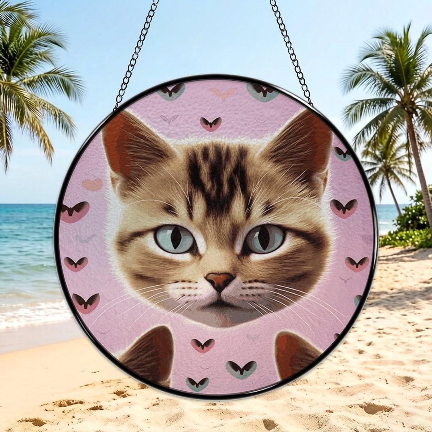 Stained Glass Hanging Sign Suncatcher, Carttoon Cat